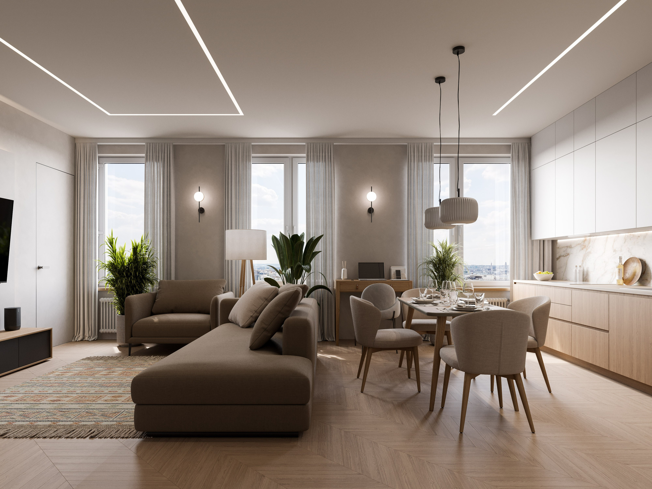 3D визуализация гостиной в минималистичном стиле с пастельной цветовой палитрой и мягким диваном