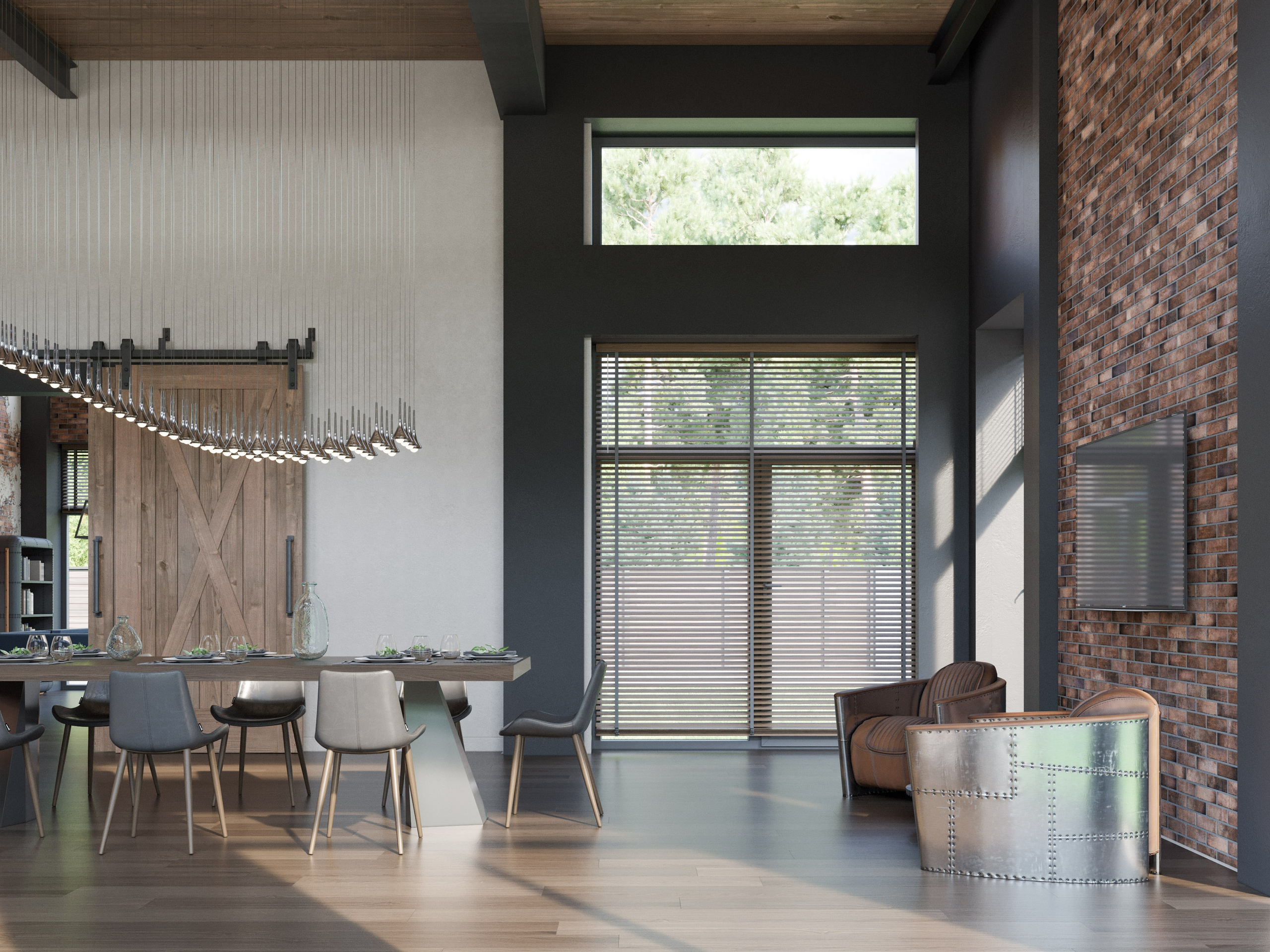 Открытая кухня-столовая с панорамным остеклением и креслами авиаторами