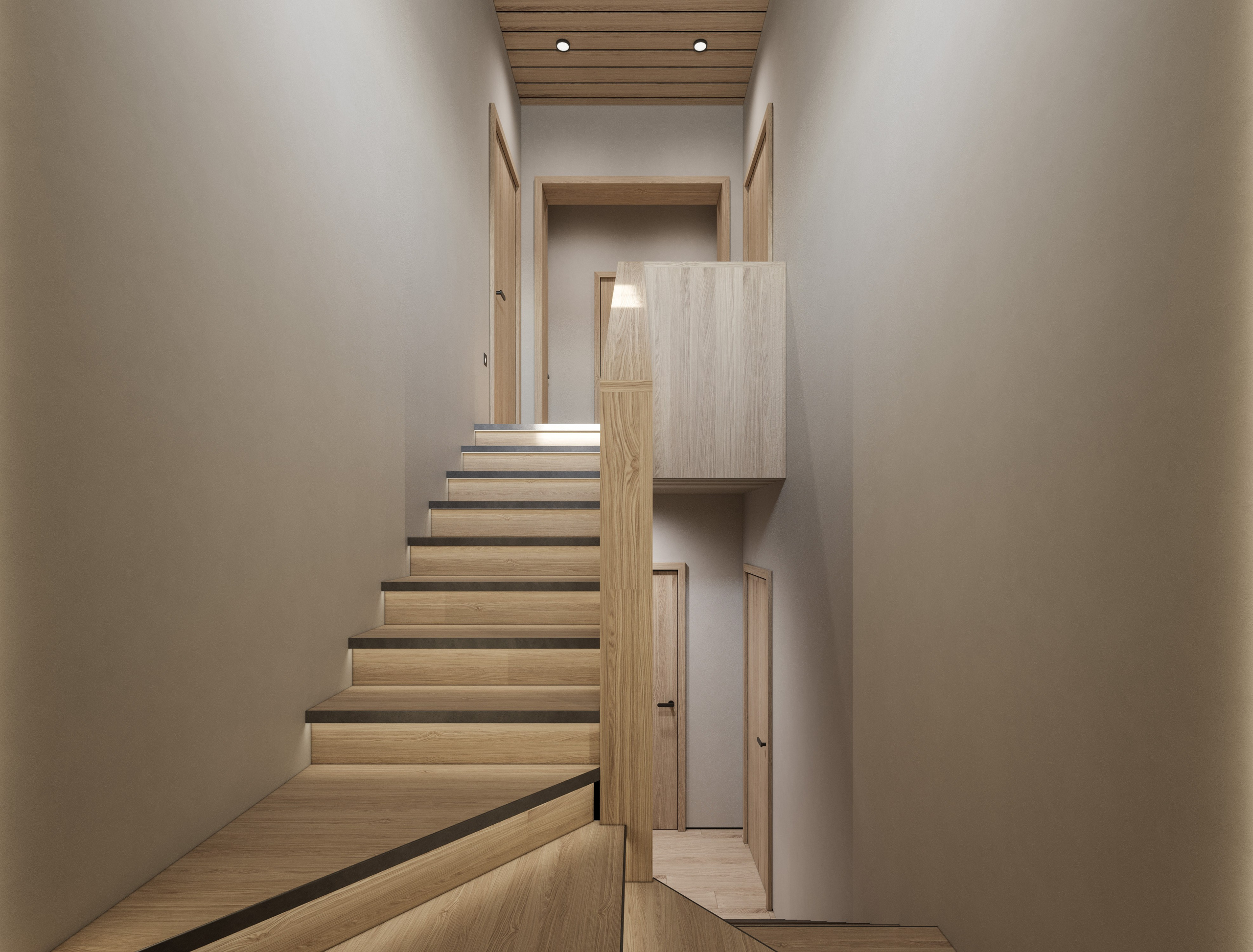 3D визуализация лестницы в минималистичном стиле с деревянными ступенями