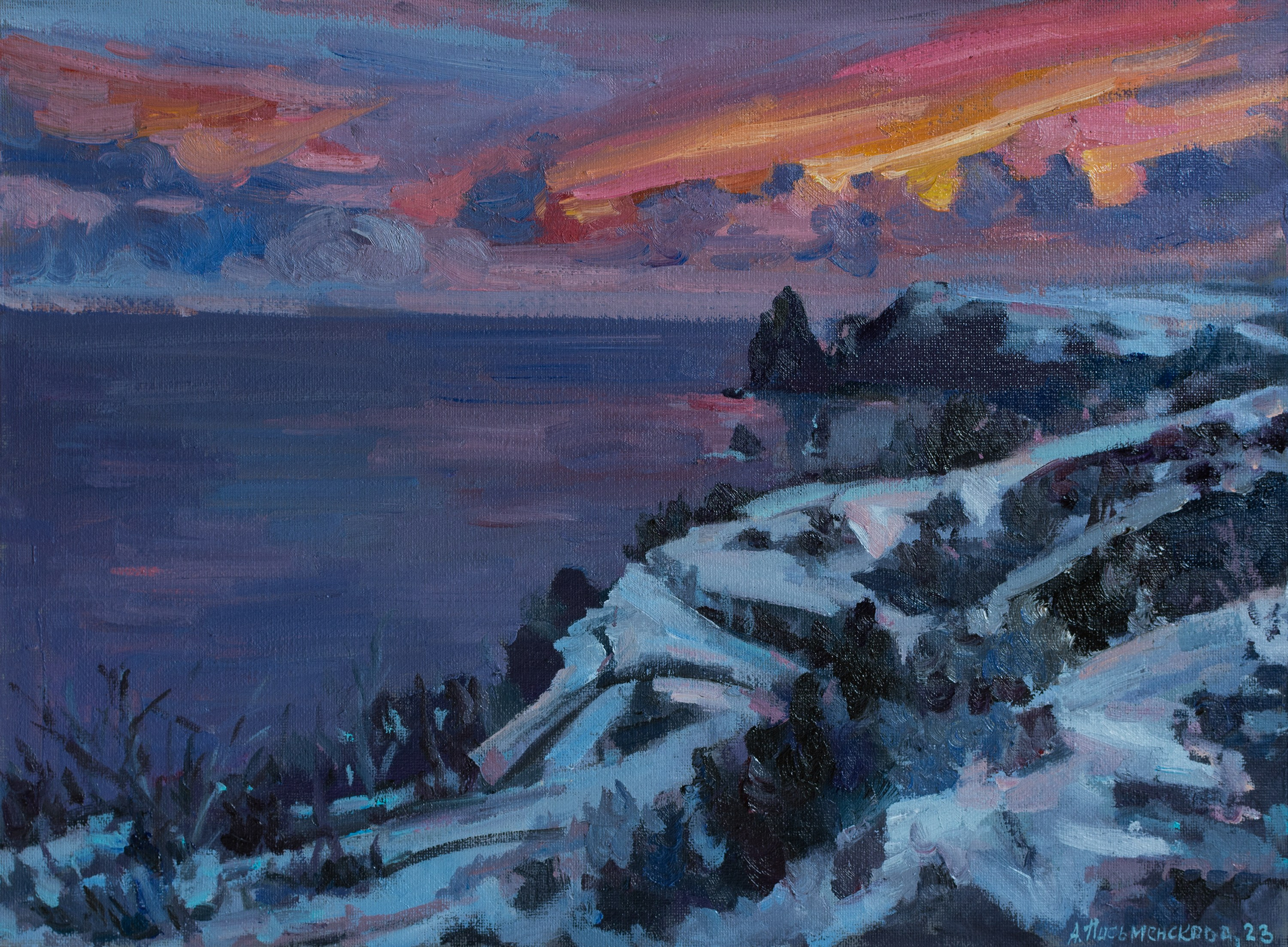 "Зима.Фиолент.Закат" холст на картоне, масло 30х40см, 2023г