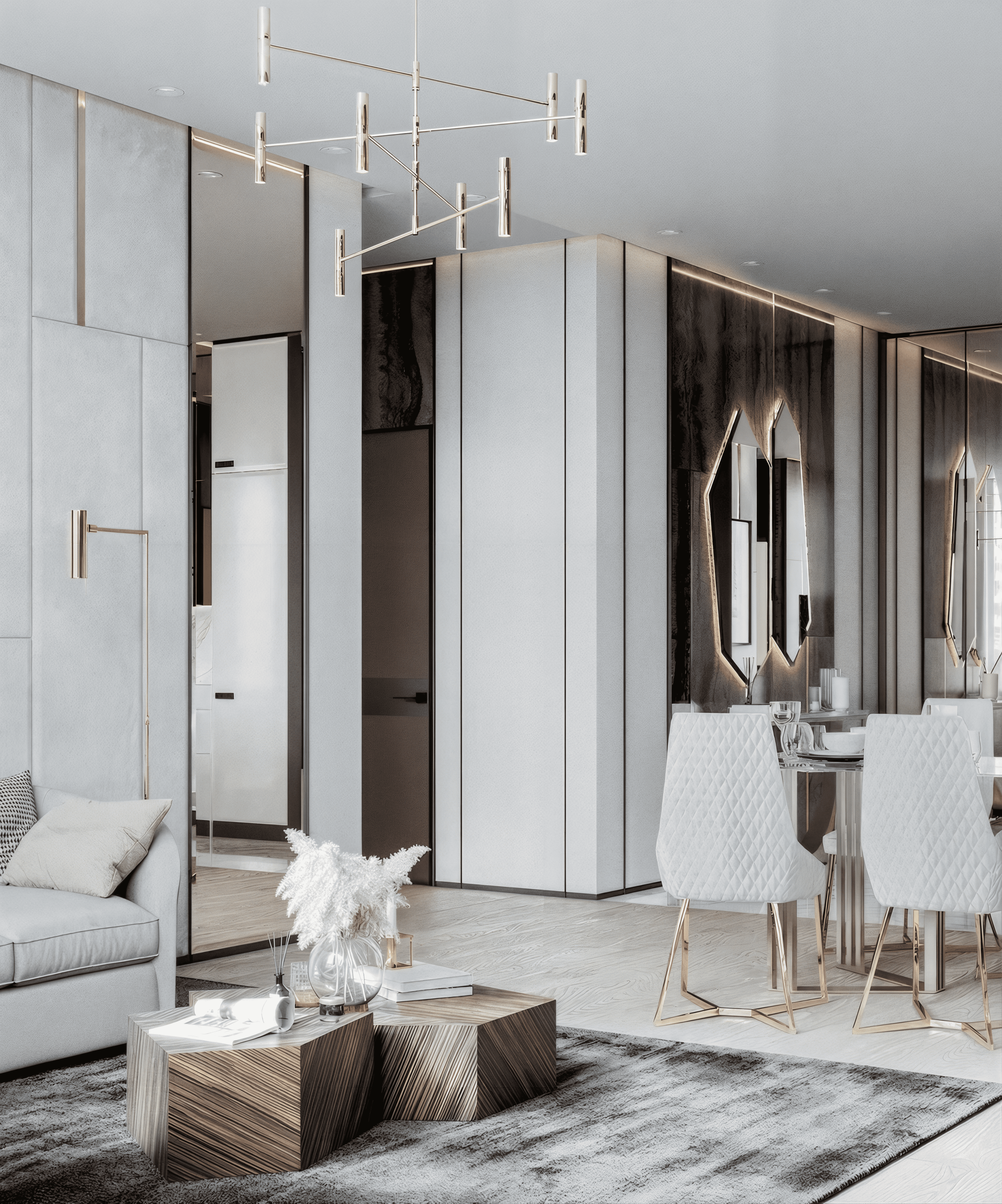 Детали премиального интерьера от Валерии Котович: деревянные шестигранные столики, стеганые белые стулья на золотых ножках, дизайнерская люстра и зеркальная стена с подсветкой.