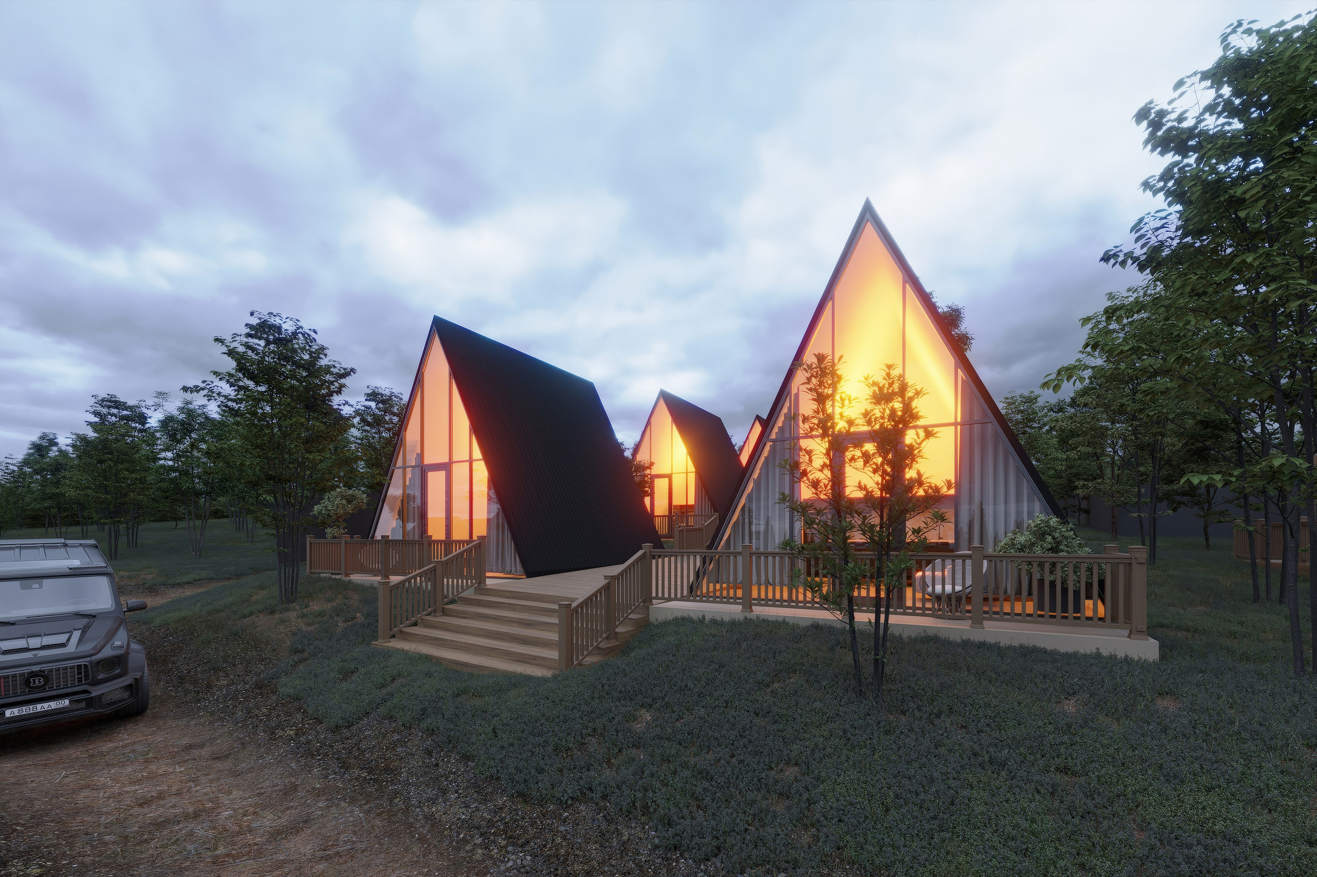 Глэмпинг-домики в сумерках с панорамным остеклением и уютным интерьерным светом