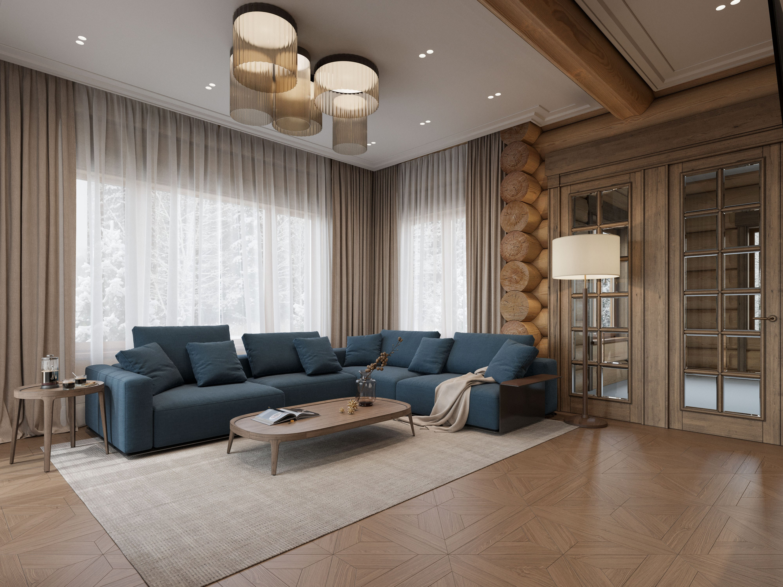 3D визуализация гостиной в доме из сруба с панорамными окнами и минималистичной мебелью