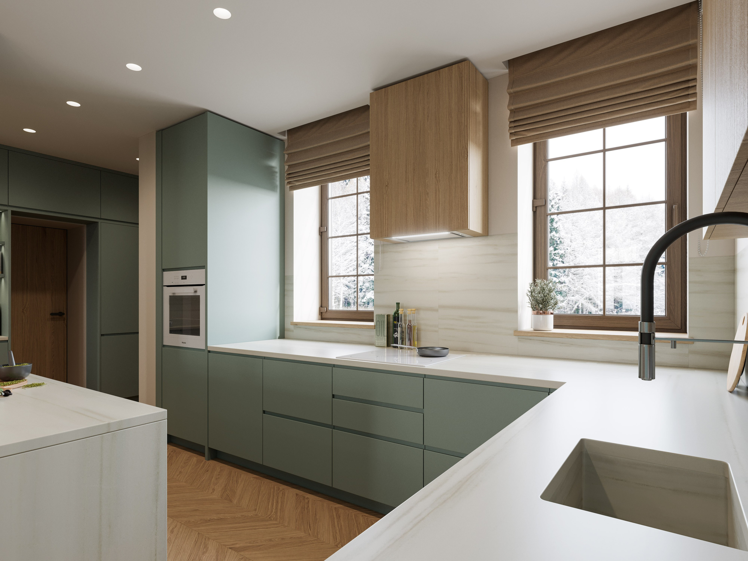 Современная кухня с зелеными фасадами и мраморной столешницей - 3D рендер