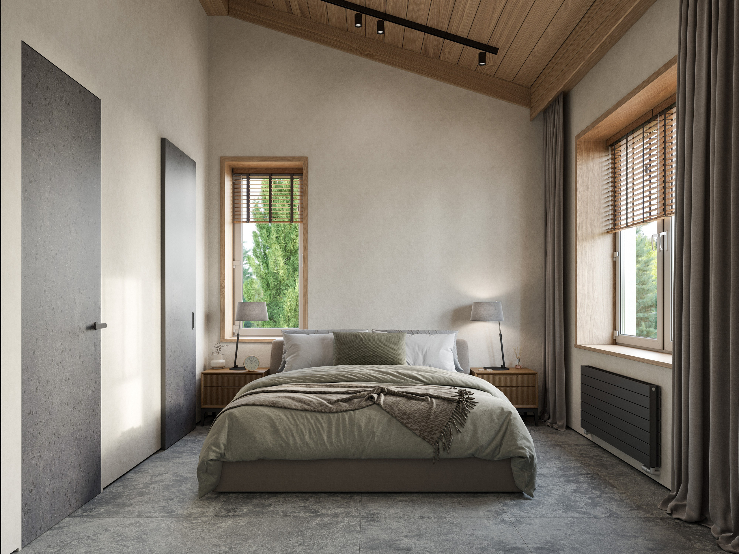 Спальня с мягком кроватью в минималистичном интерьере