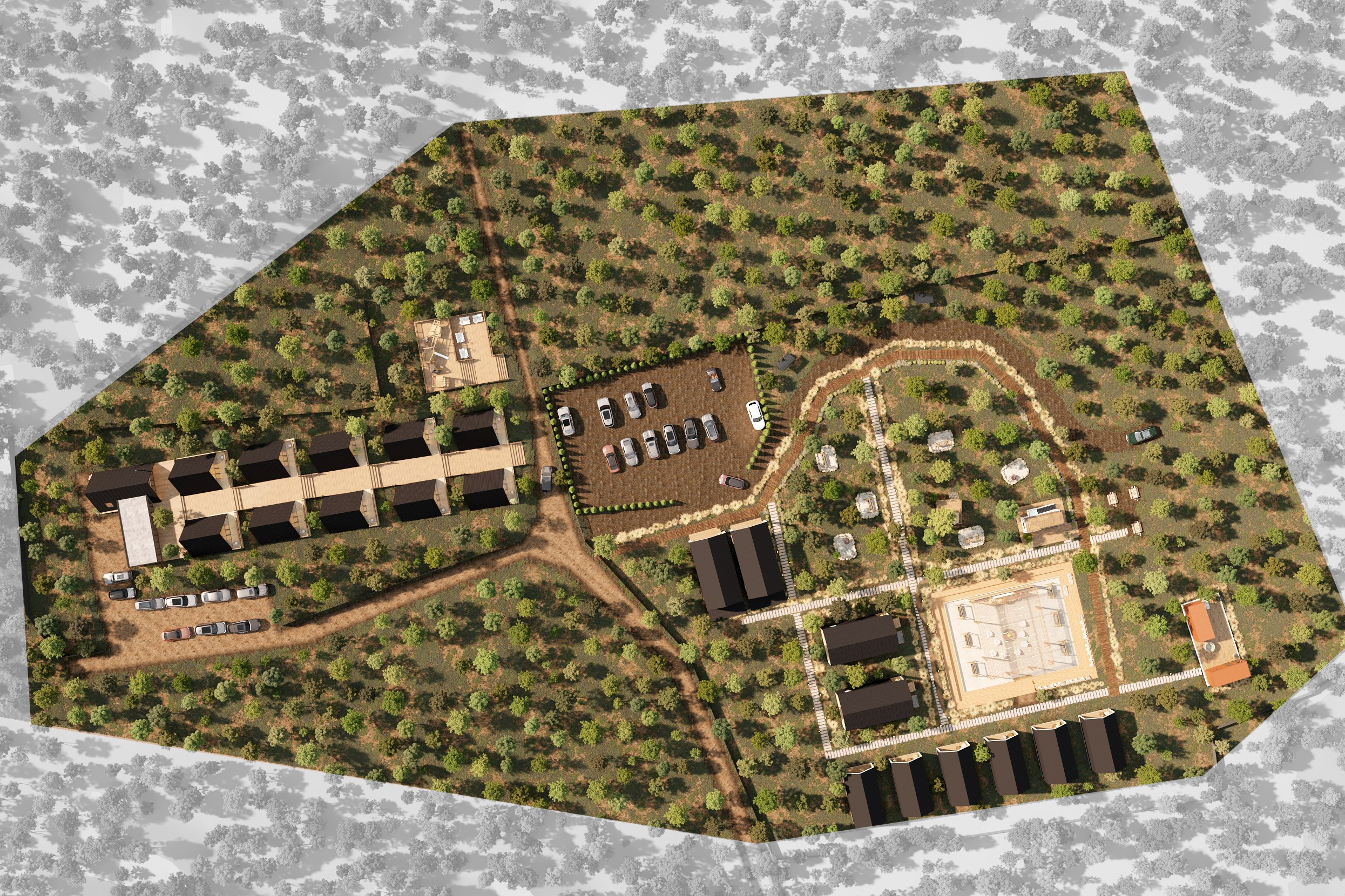 Топ-вью (вид сверху) на территорию глэмпинга: расстановка домиков, тропинок и зон отдыха