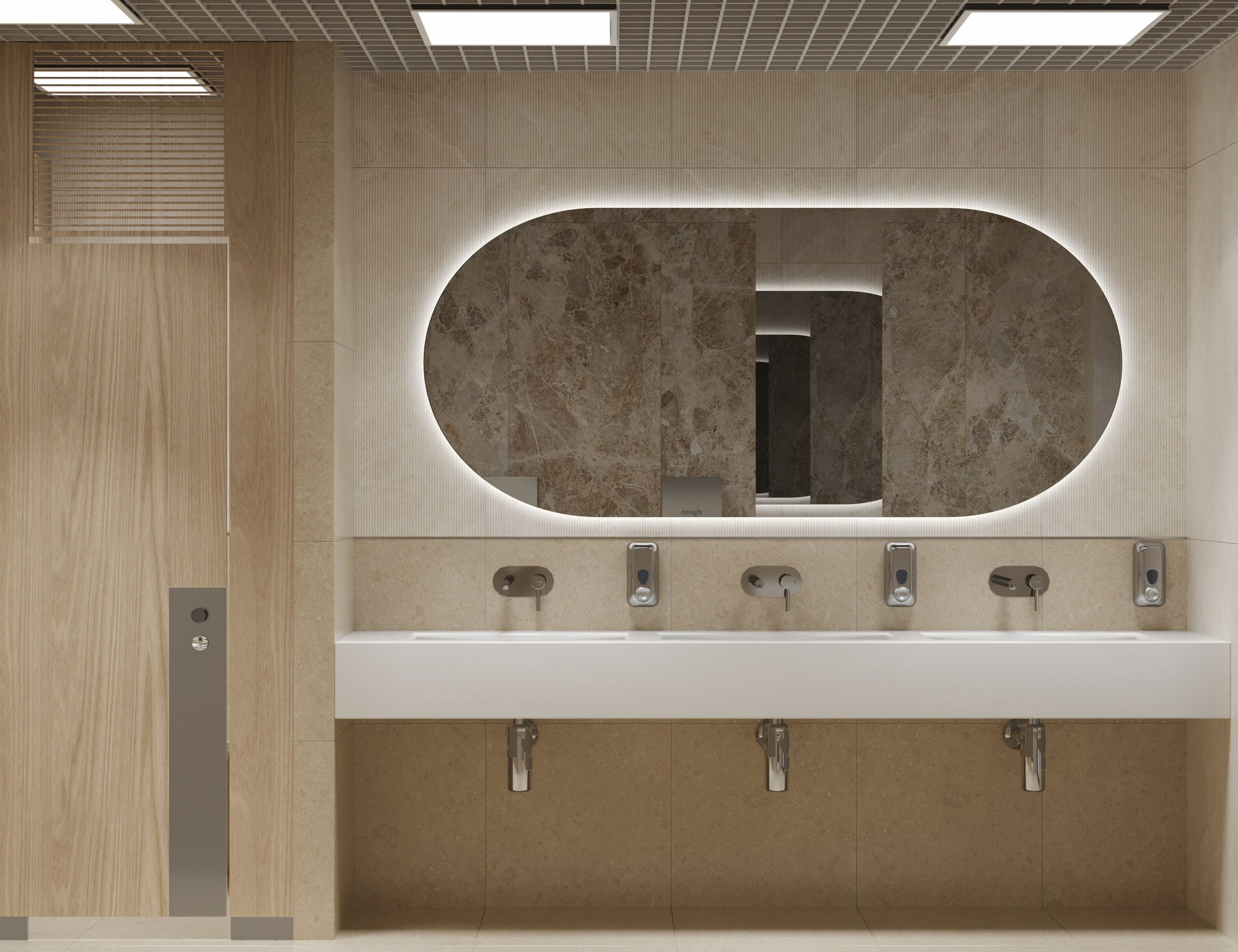 3D визуализация большой раковины на четыре места с овальным подсвеченным зеркалом, расположенная рядом с кабинками