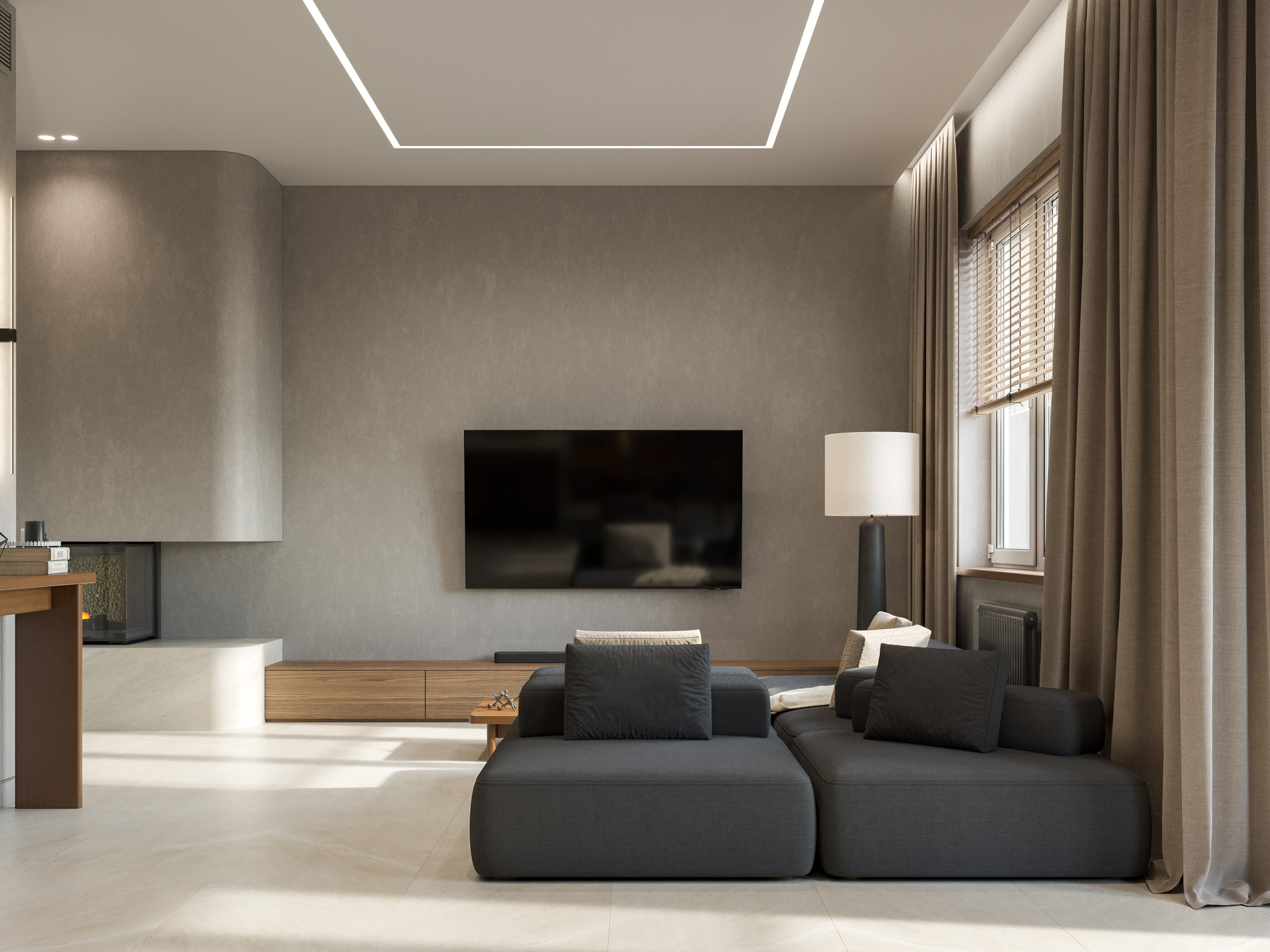3D визуализация гостиной в стиле минимализм с бежевыми стенами и каменным полом