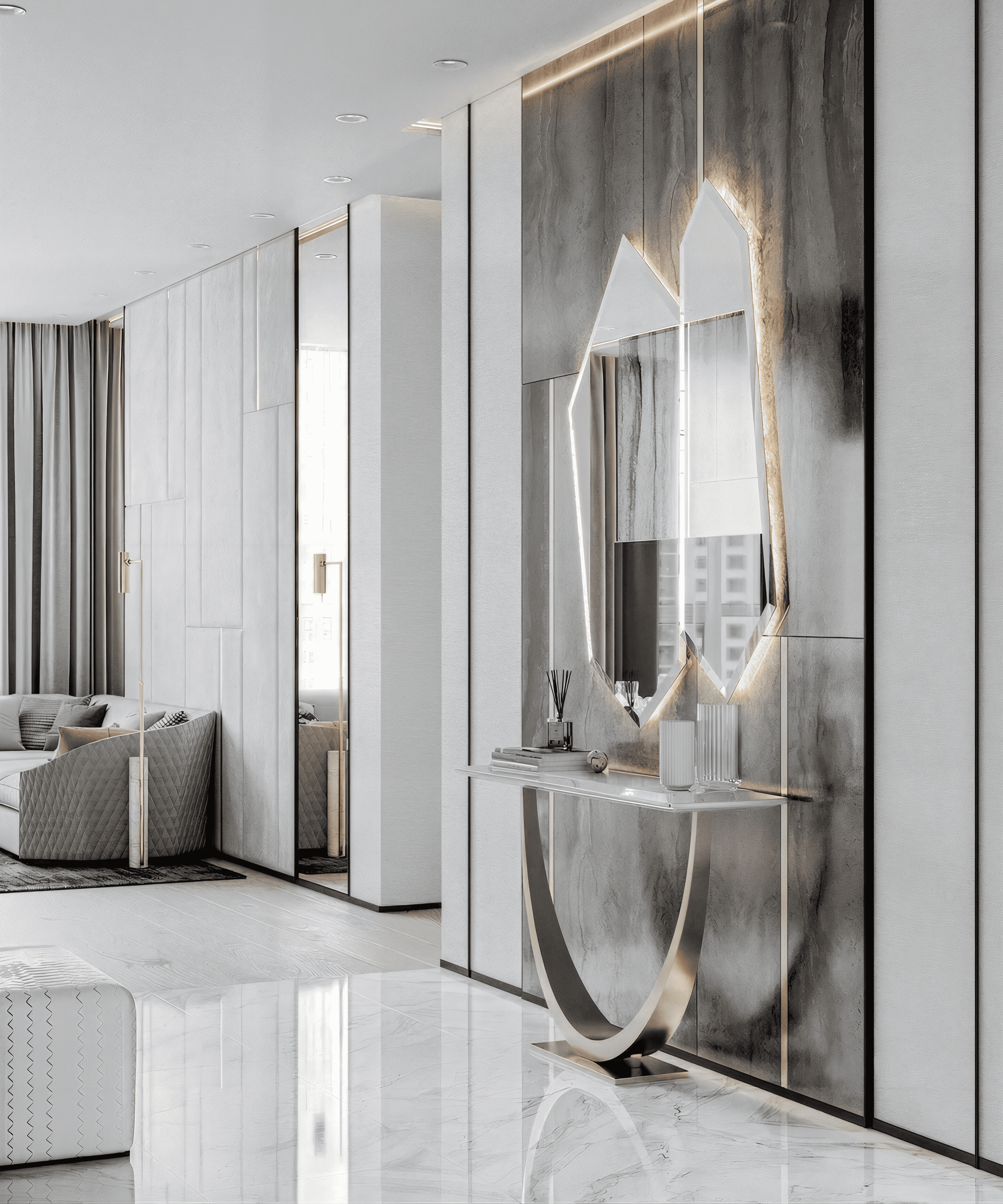 Дизайн прихожей в премиальном стиле от Валерии Котович: стена из серого керамогранита с зеркалами необычной формы, дизайнерская металлическая консоль и глянцевый мраморный пол.