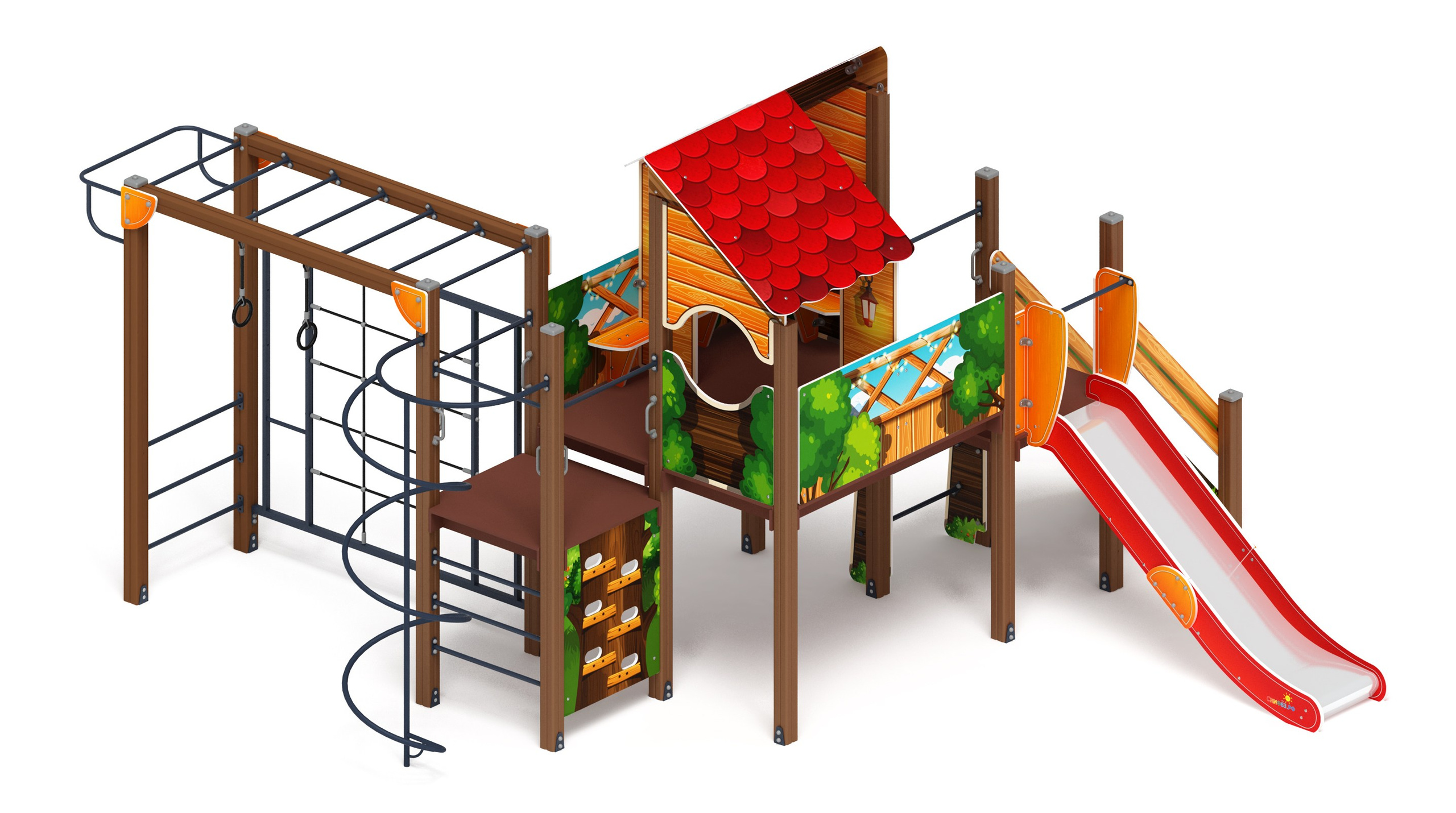 Теремок (Пряничный домик) - ДИК 2.07.02-02 - Игровой комплекс H=1200                                                                                        Габариты (ШхДхВ): 6500x5615x3290                                                                                                                                                                      Зона безопасности, мм: 10000х8615                                                                                                                                                                          Скат горки: H=1200 (металлический скат)                                                                                                                                            Возрастные ограничения от 5 до 12 лет