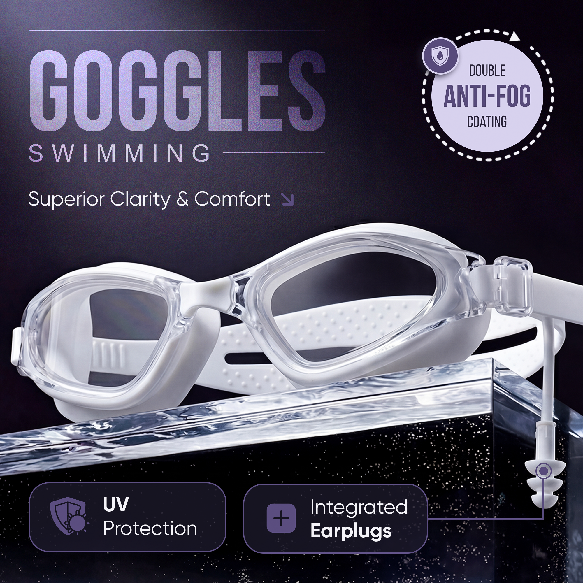 Amazon Product Images (Hero Image) for premium swimming goggles with anti-fog technology, leak-proof design, and adjustable straps on a dark modern background.