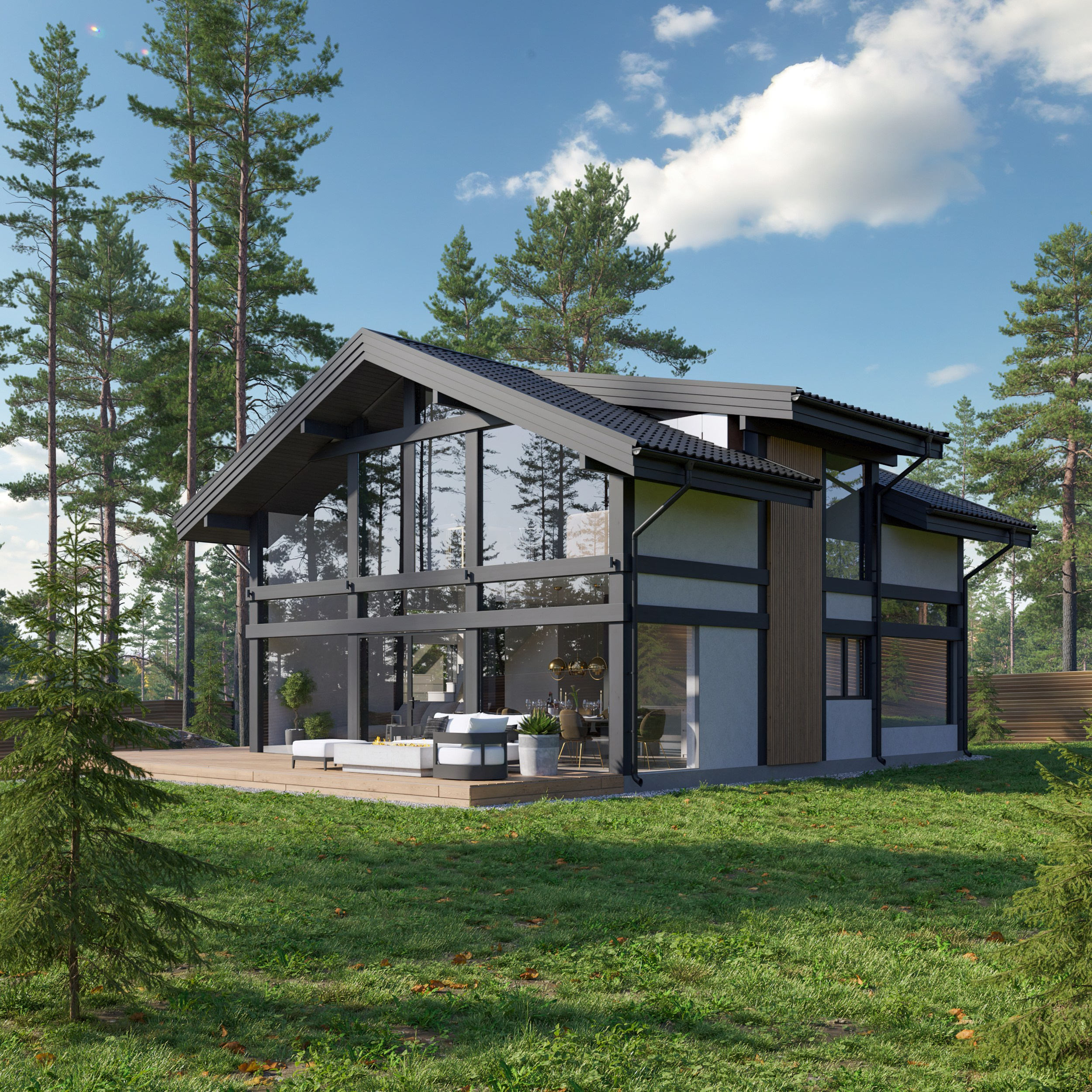 Дом с большими стеклянными стенами и просторной террасой 