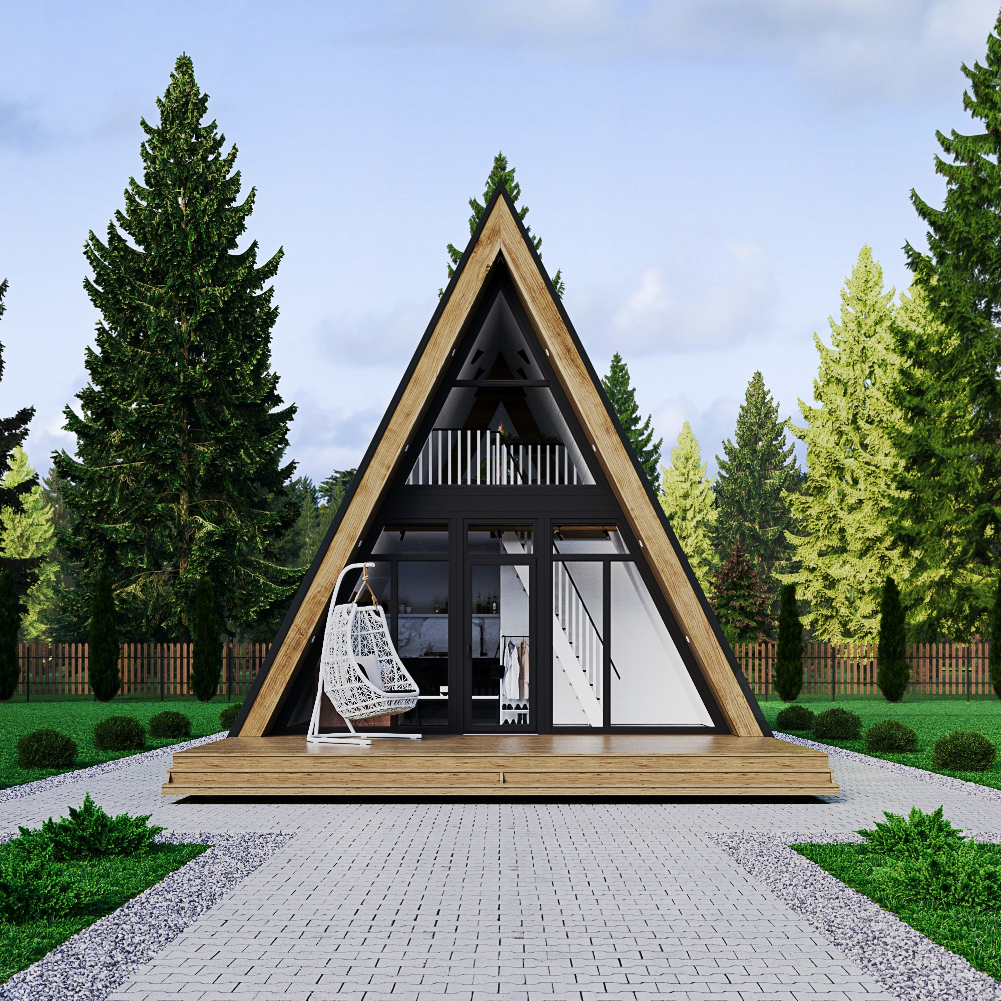 A-образный дом днём: стеклянная входная группа, белое подвесное кресло на террасе