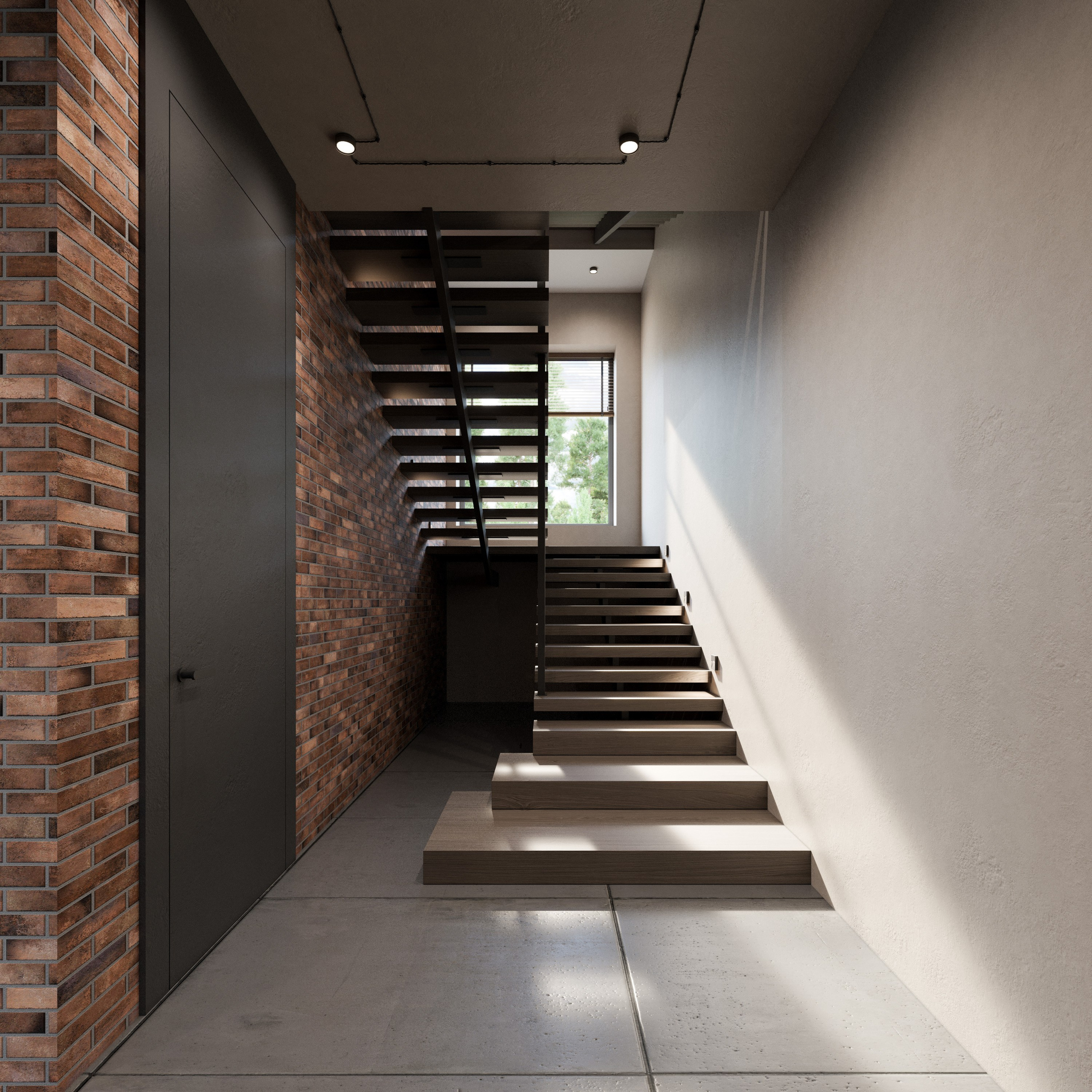 Визуализация холла с консольной лестницей и вертикальной решеткой вместо перил