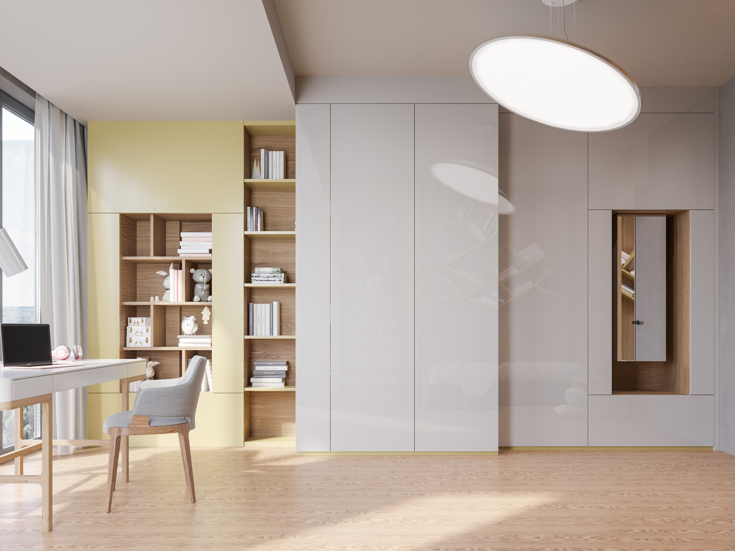 Учебная зона в детской: эргономичный стол у окна и встроенные деревянные полки