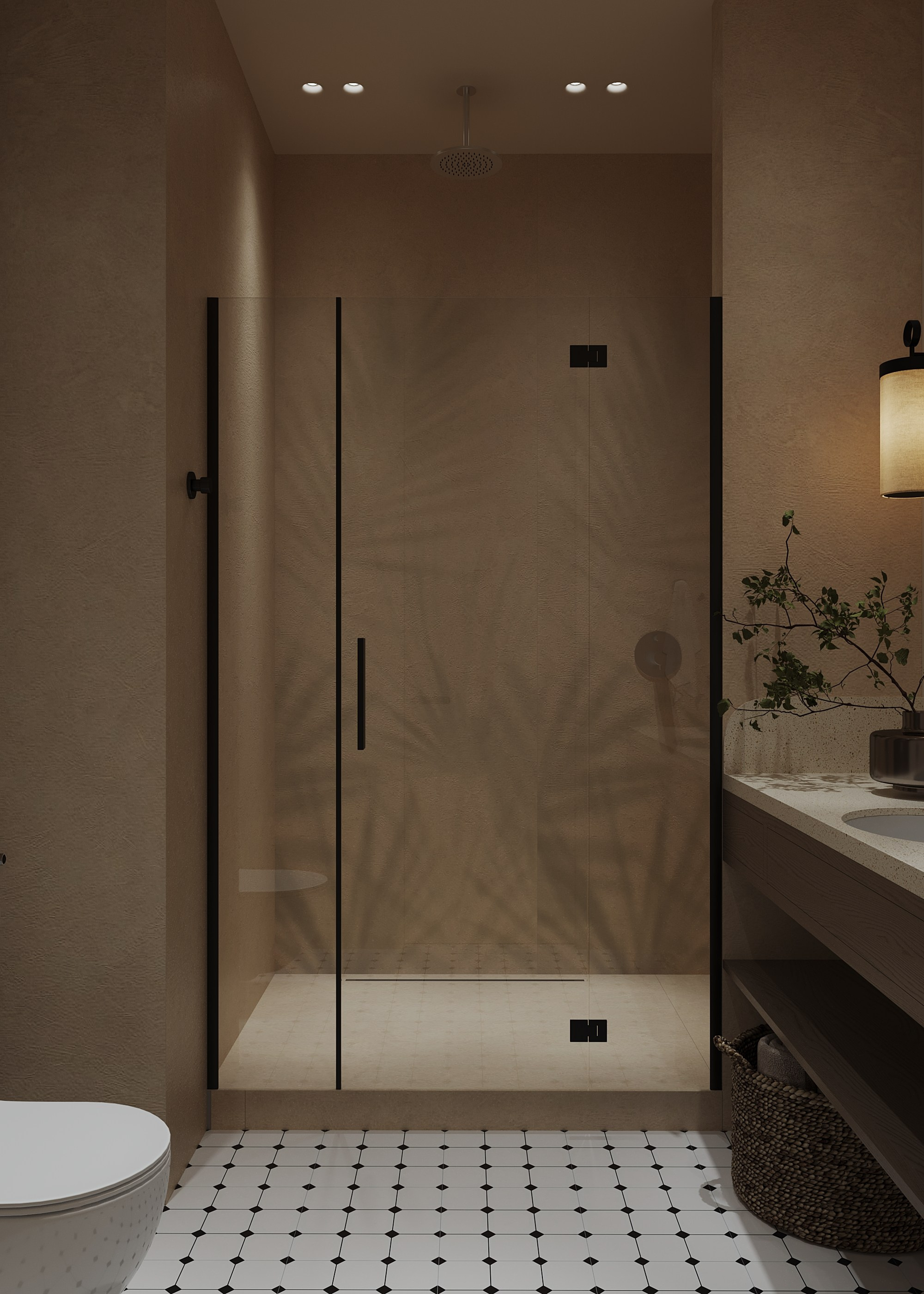 Душевая в мастер спальне, санузел  с пальмами и классической раскладкой плитки на полу   A shower in the master bedroom, a bathroom with palm trees and a classic tile floor layout