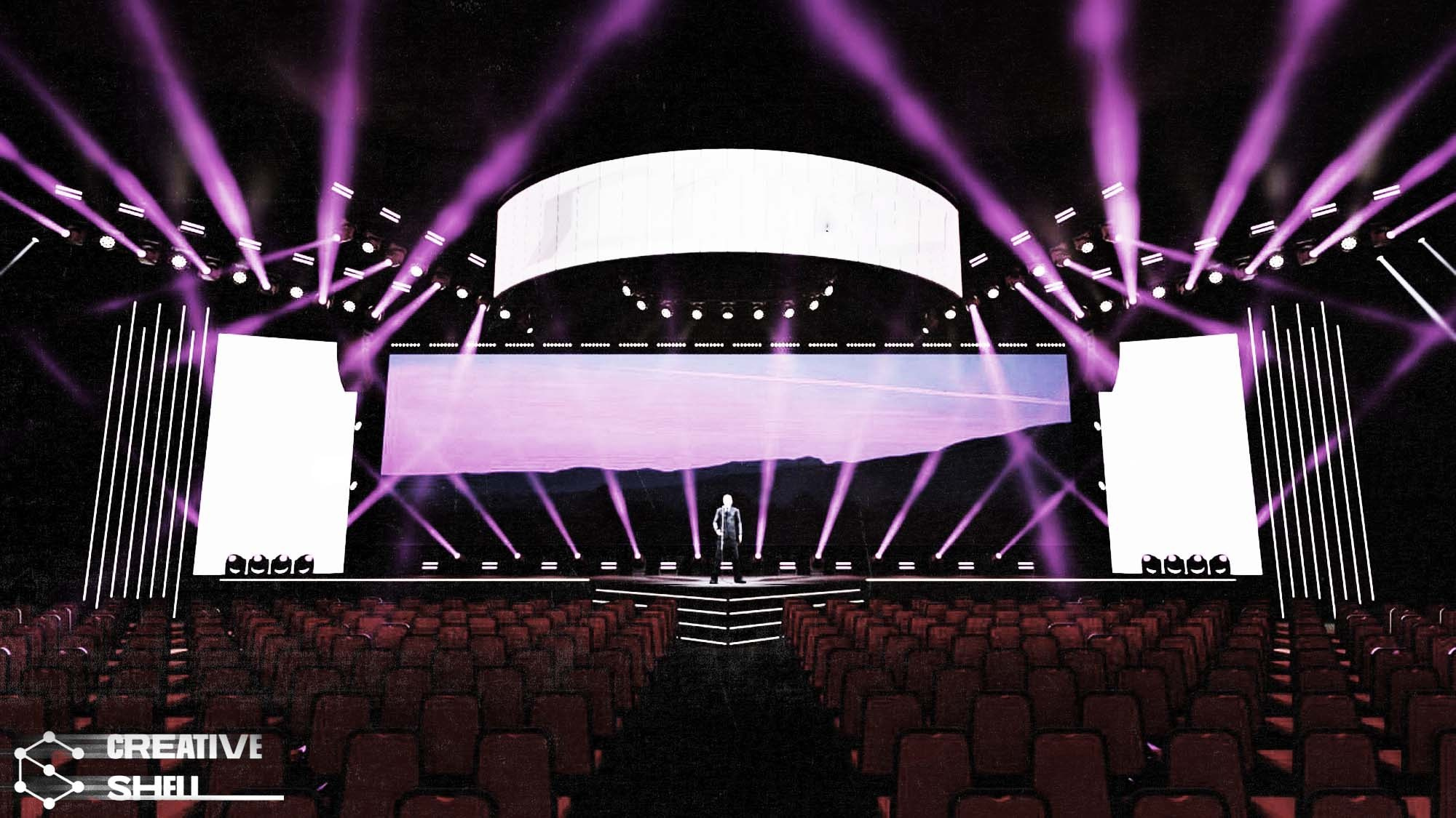 3D visualization of the event in Capture. The model integrates all the equipment to be used at the event, including lighting devices, screens, stages, and decorations. We provide the client with ready-made renders and layouts in the required format.