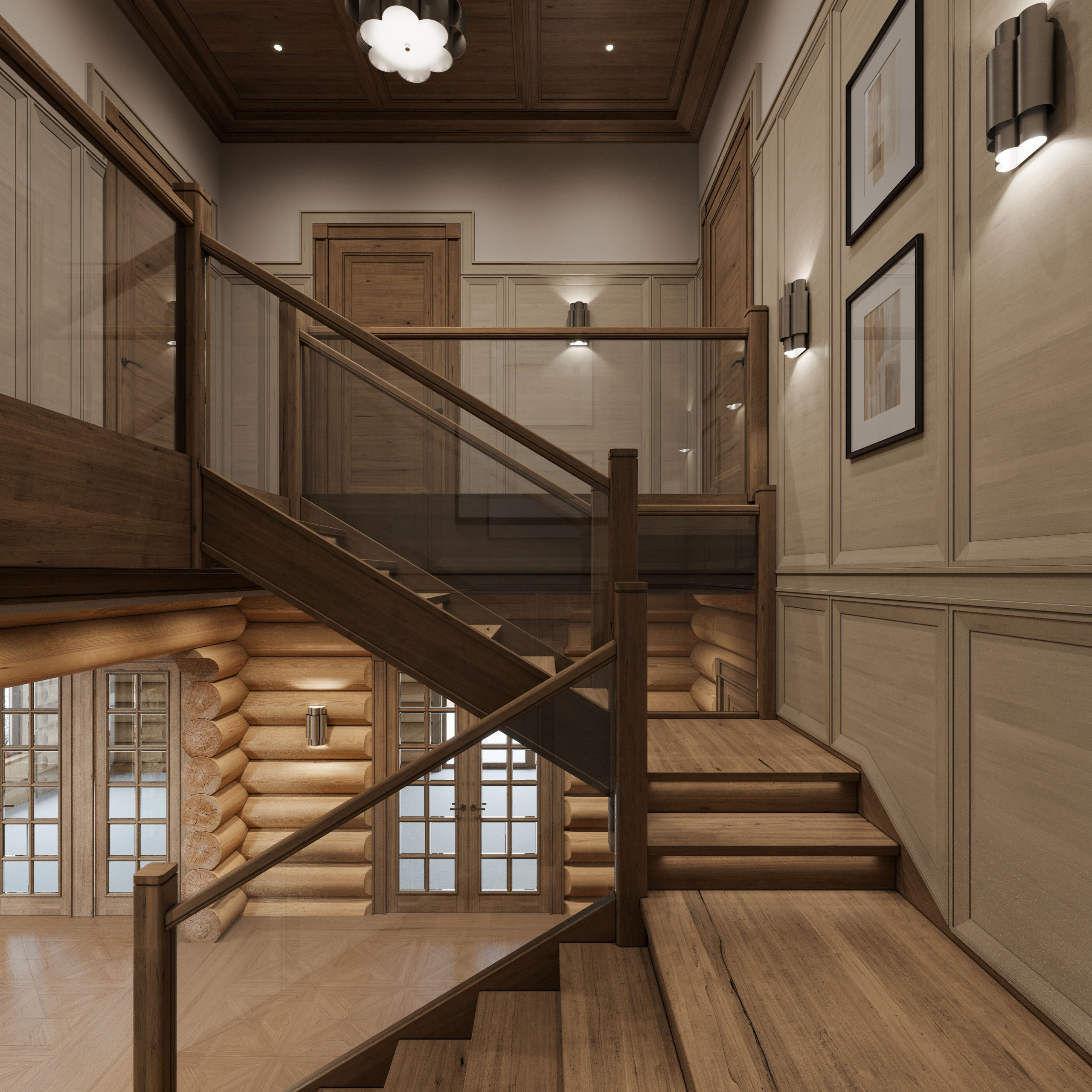 Холл в бревенчатом доме с деревянной лестницей со стеклянными перилами
