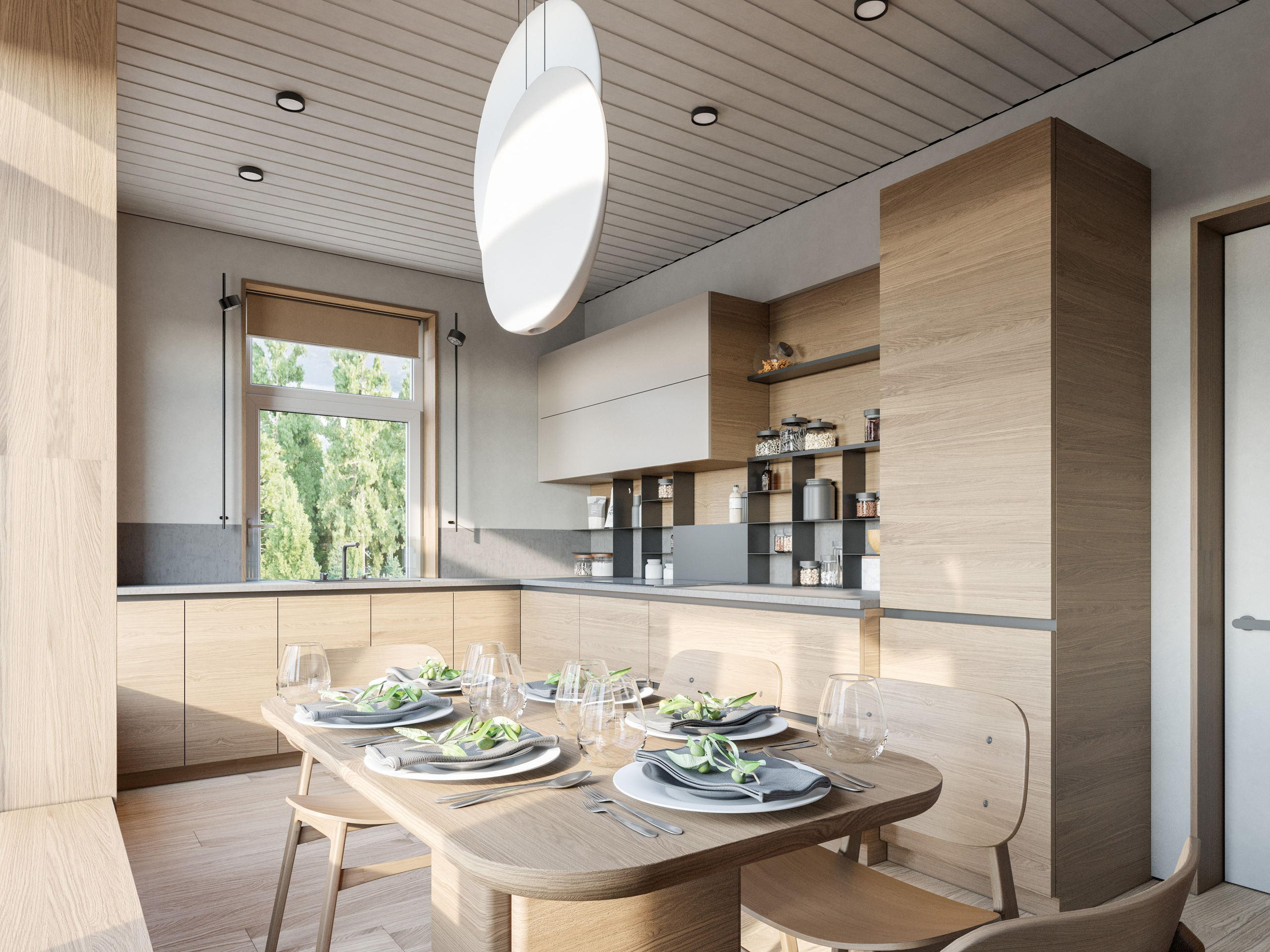 3D визуализация кухни в минималистичном стиле с деревянными фасадами и стеллажом вокруг окна