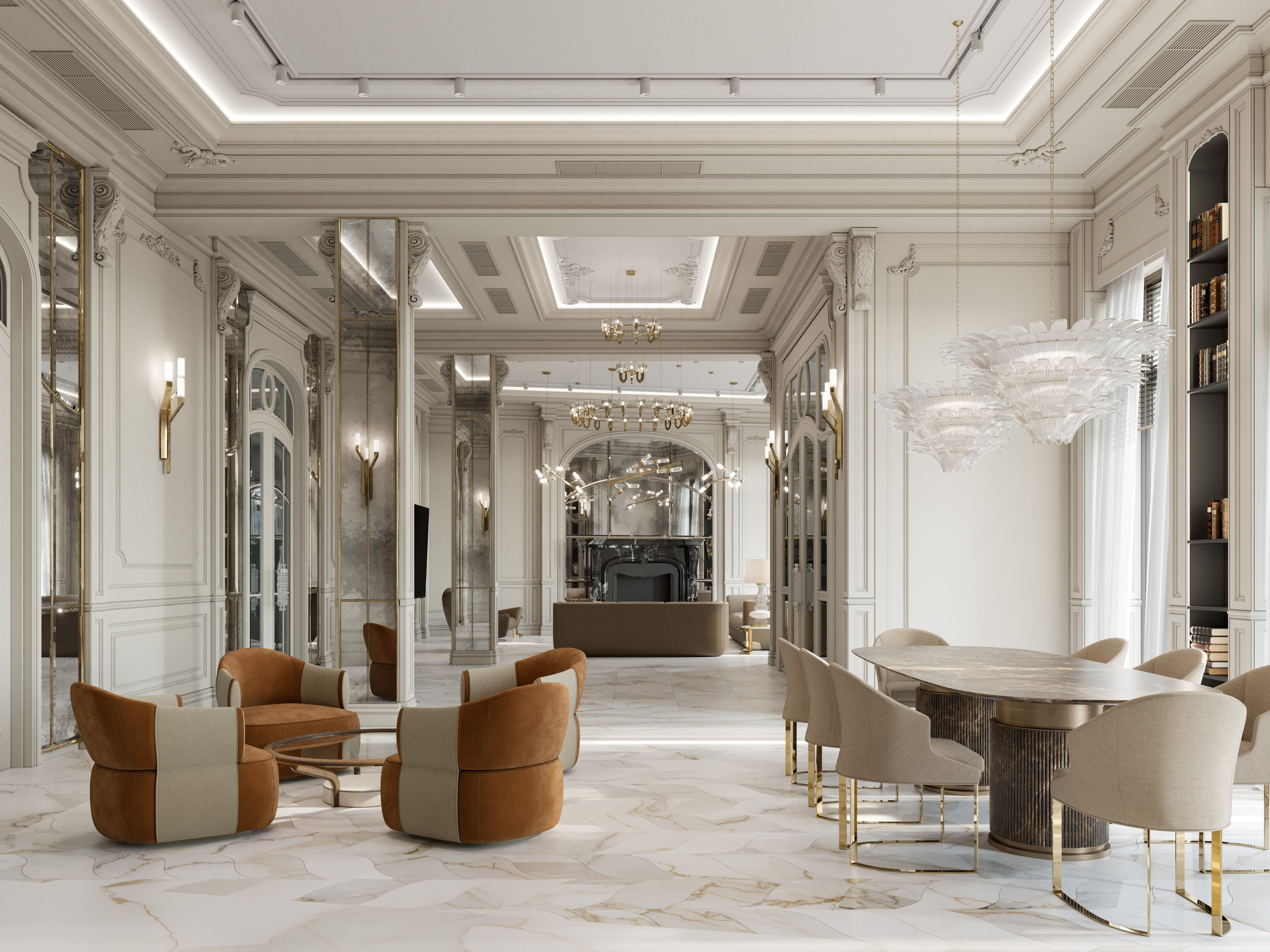 Панорамный вид объединенного пространства гостиной и столовой в классическом особняке