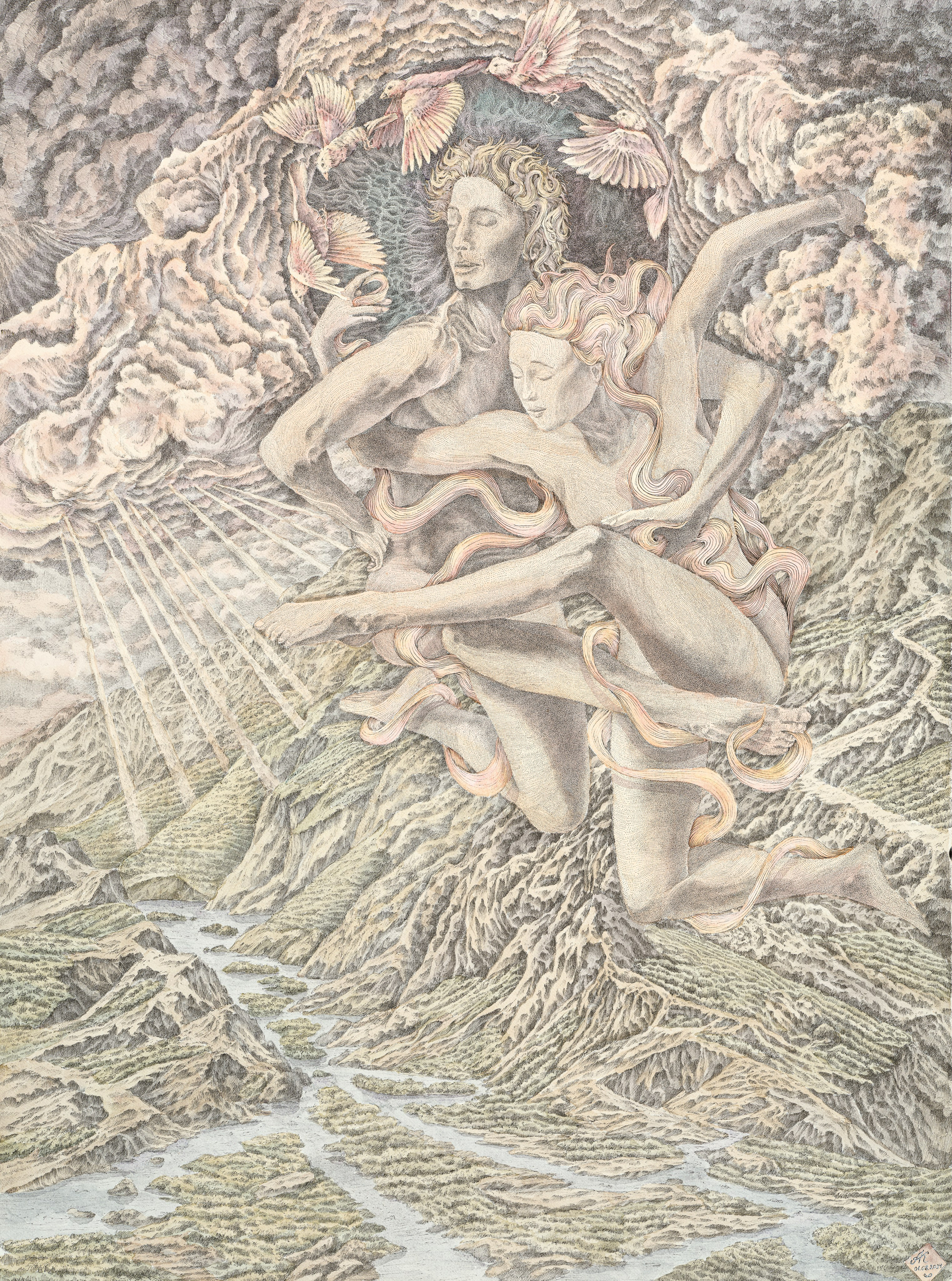 «Fall in love» - художник Андрей Колесник (бумага, тушь, акварель, 56x42 см, 2024)