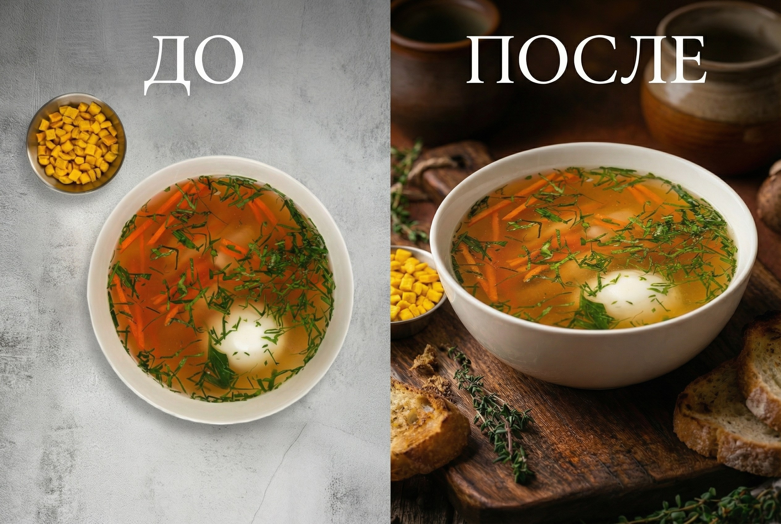 AI-улучшение: тарелка супа до и после добавления теплых тонов и эффекта пара.
