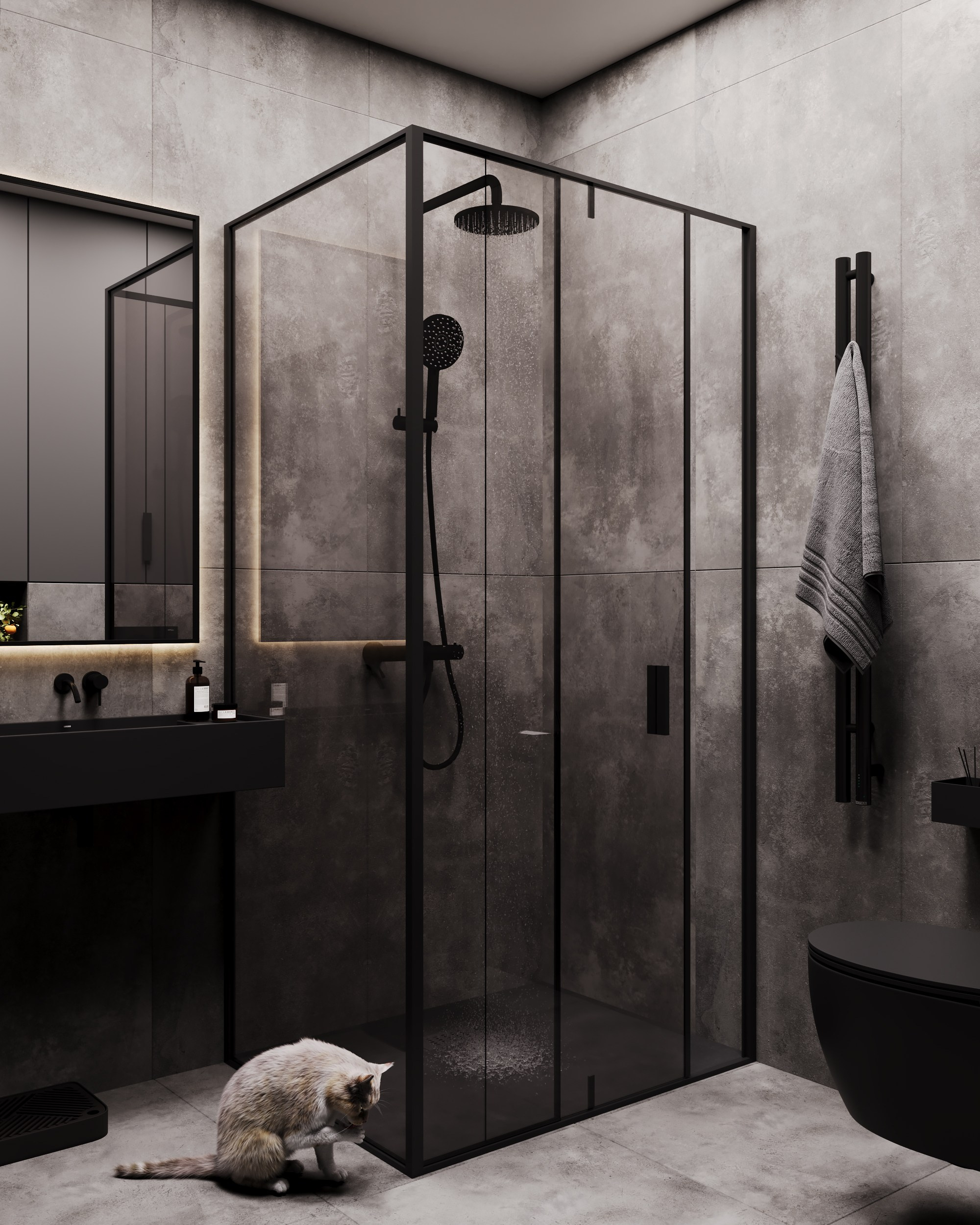 Black, winter bathroom. Дизайн интерьера | 3D визуализация | Миланская Марина