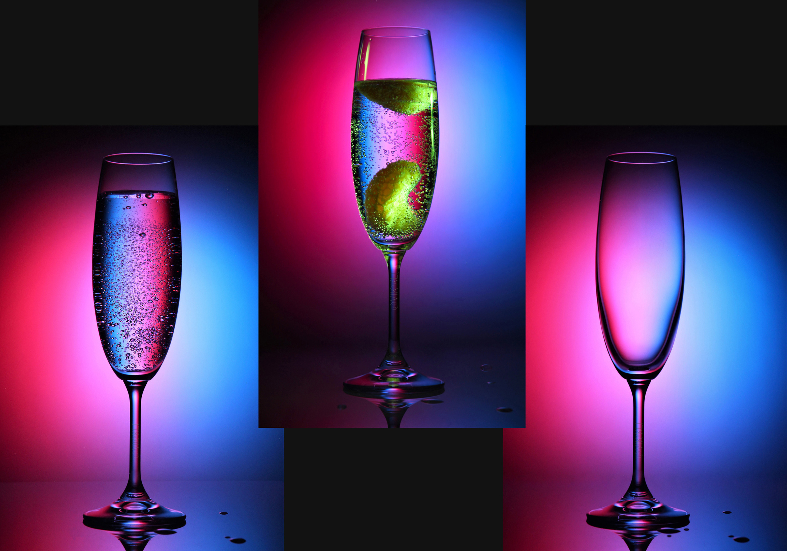 Коллаж стеклянные бокалы для  шампанского на розово-голубом фоне. Предметное фото.