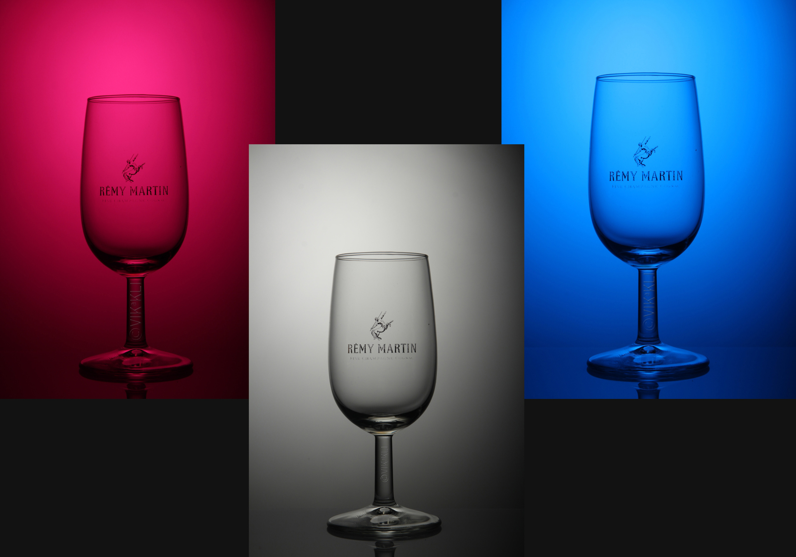 Коллаж стеклянные бокалы Remy Martin на синем, белом, красном фоне. Предметное фото.