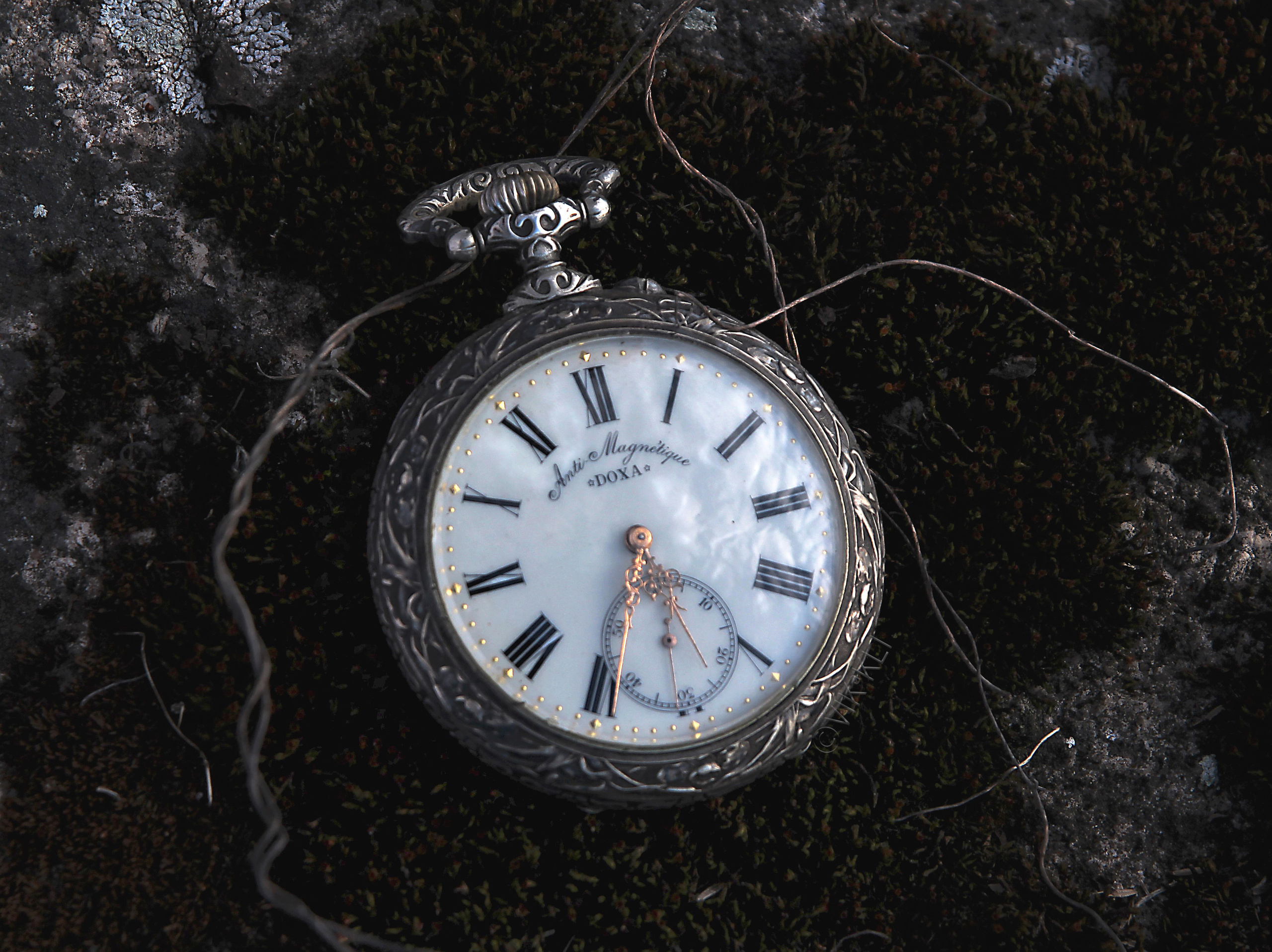 Антикварные часы DOXA Anti-Magnetique на замшелом камне с отражением облаков. Имиджевое фото.