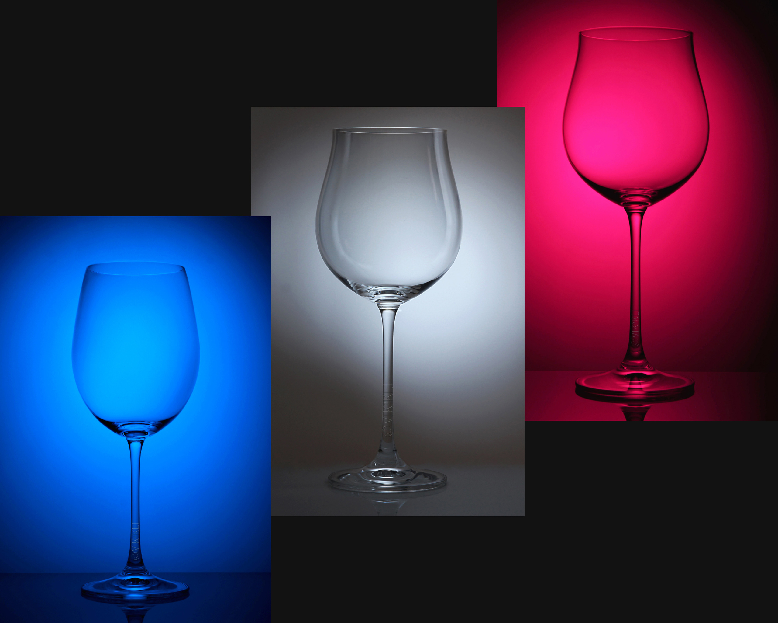 Коллаж стеклянные винные бокалы на синем, белом, красном фоне. Предметное фото.