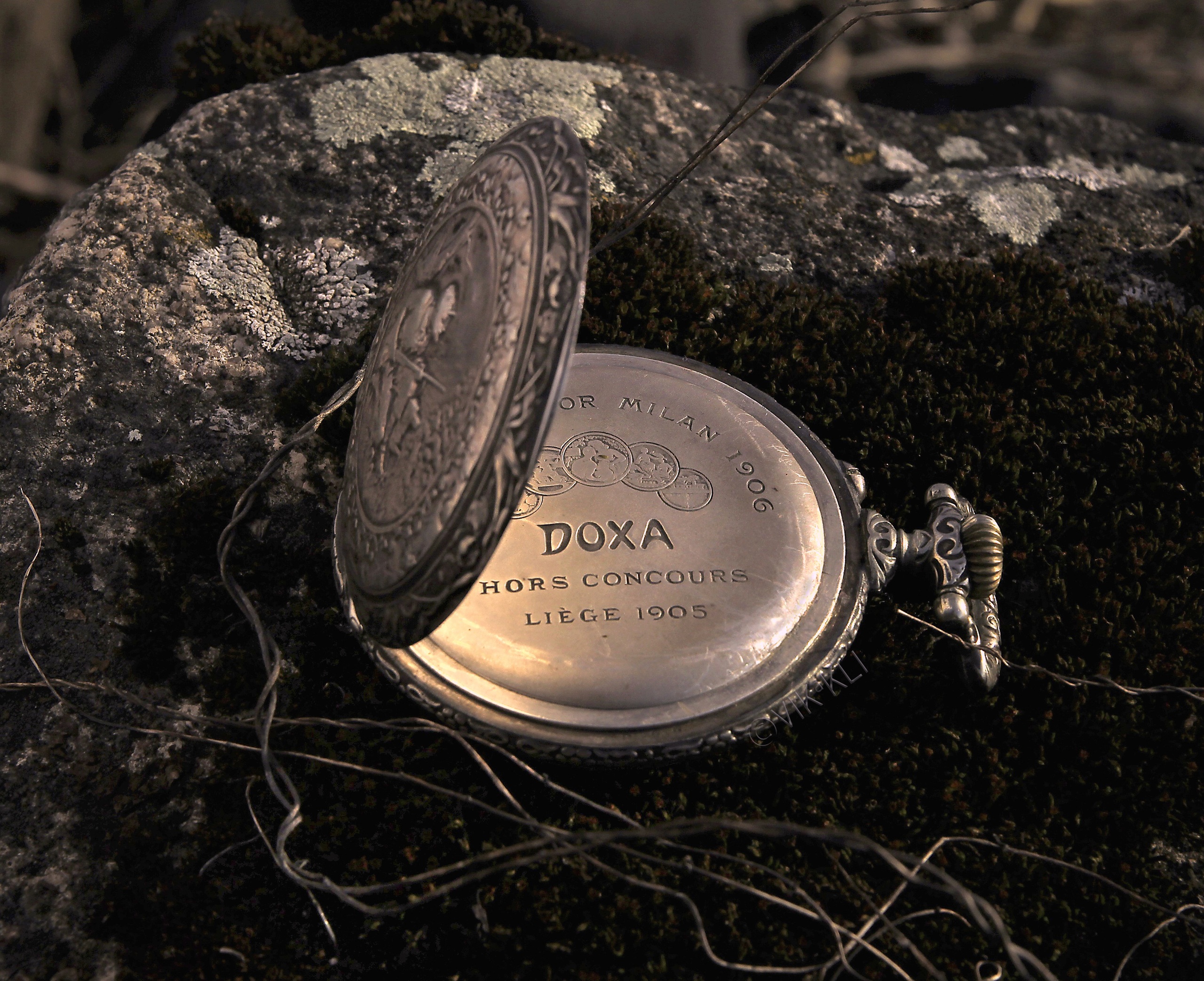 Антикварные часы DOXA Anti-Magnetique на замшелом камне. Имиджевое фото.