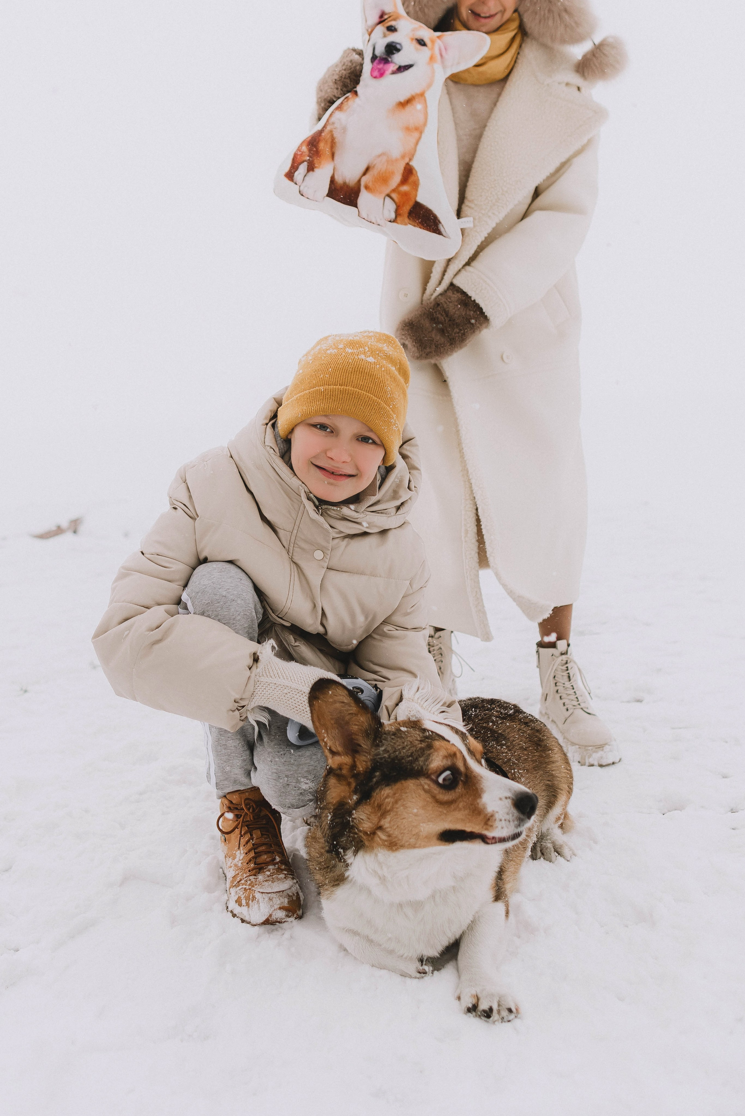 Семейная веселая фотосъемка с собакой корги на улице зимой, в снегу.