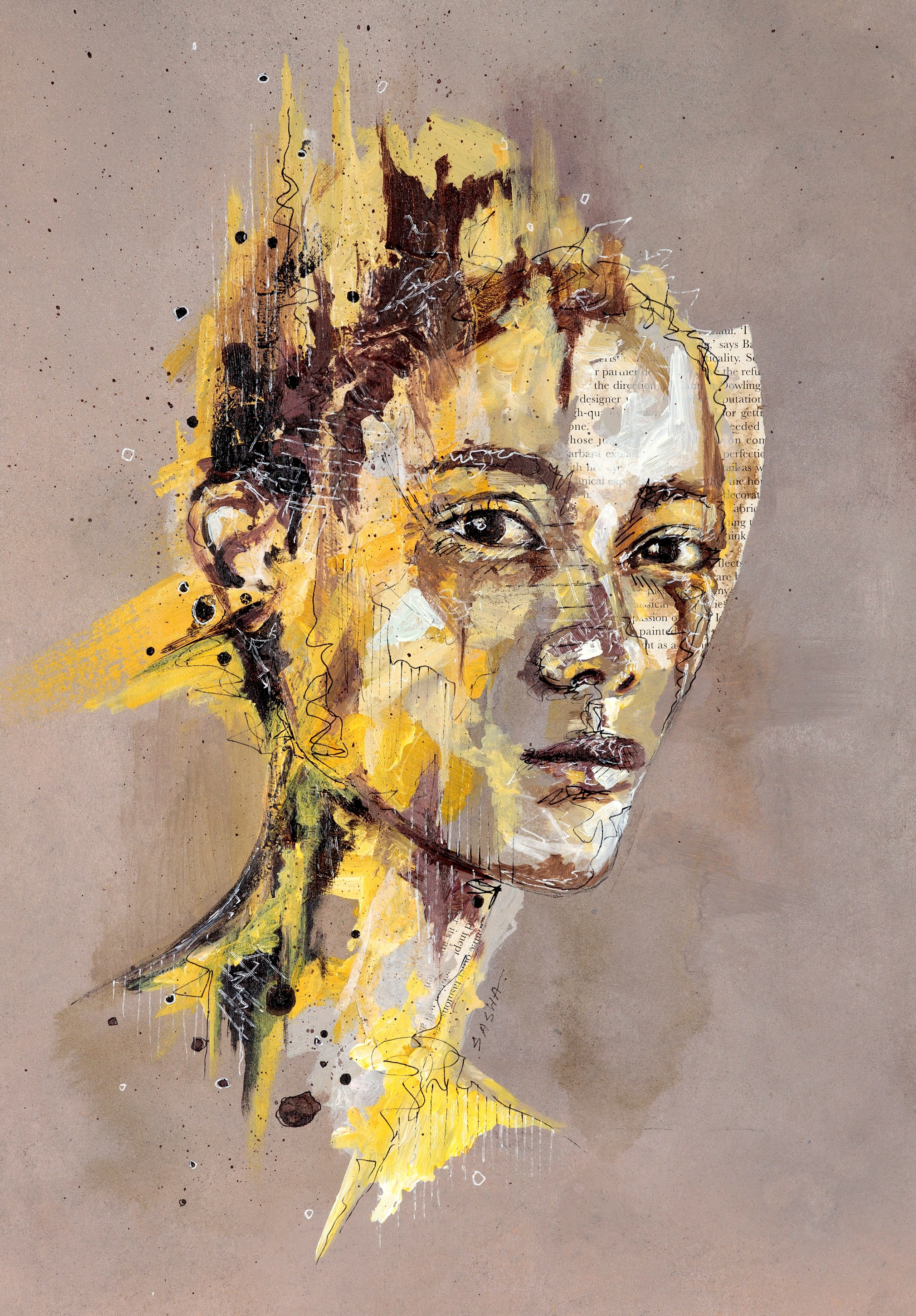 портрет девушки в желтых тонах, словно распадающийся на части