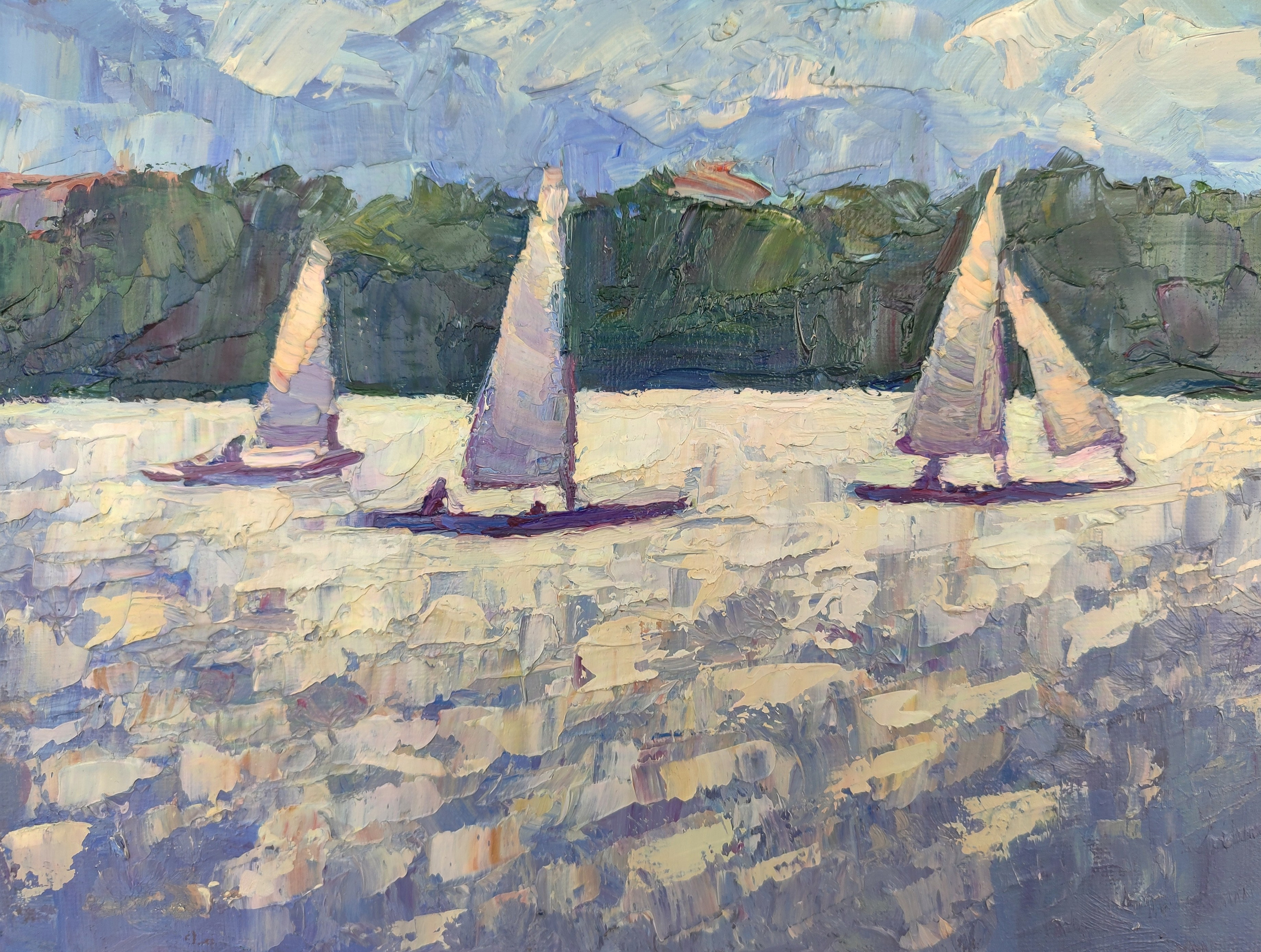 Картина маслом - парусники на сверкающей воде 