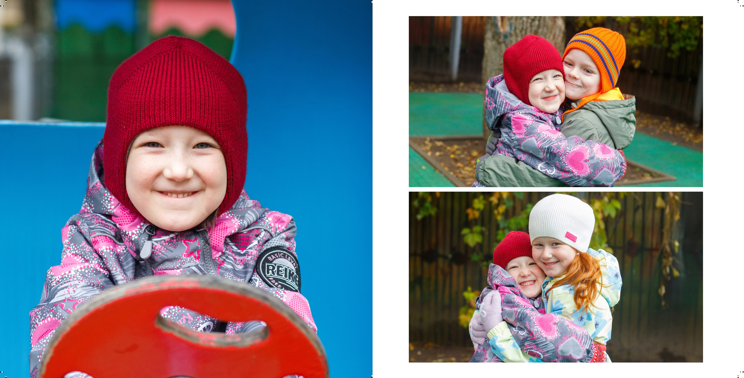 Разворот индивидуального альбома выпускника детского сада. Портрет улыбающейся девочки на прогулке в детском саду осенним днем. Фотографии с лучшими друзьями на детской площадке детского сада.