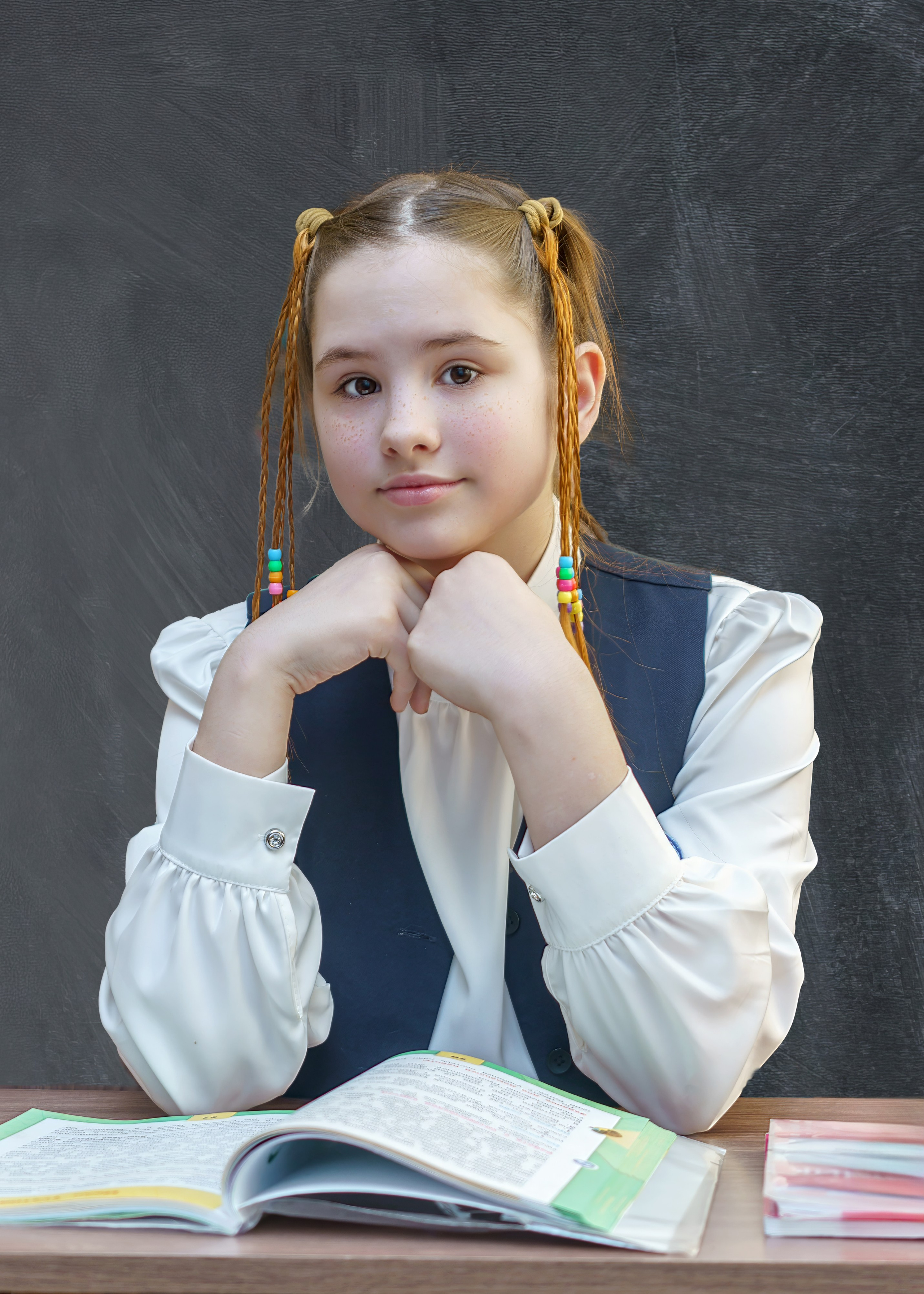 , выпускные младшая школа, школьница сидит за партой, фотосъемка на выпускной, школьный альбом