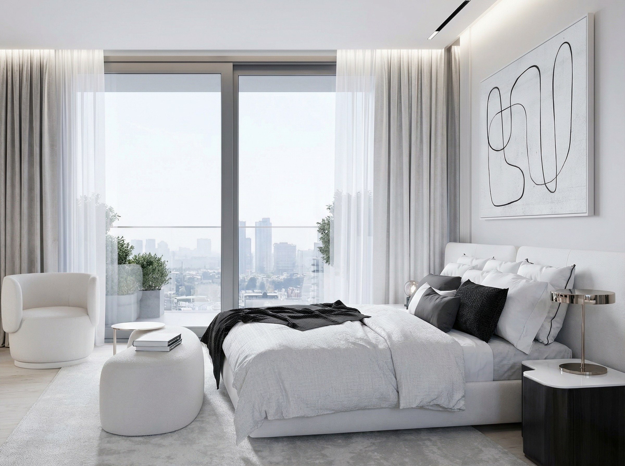 Светлая спальня в квартире 113 м² от Валерии Котович: панорамное окно с видом на город, кровать с белым изголовьем, кресло и банкетка букле в стиле quiet luxury.