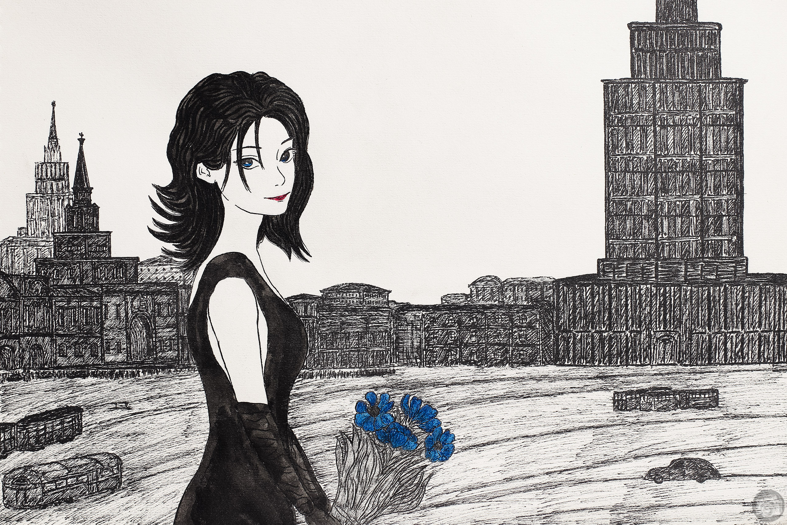 Рисунок девушки в платье с букетом в ретро городе art baccano