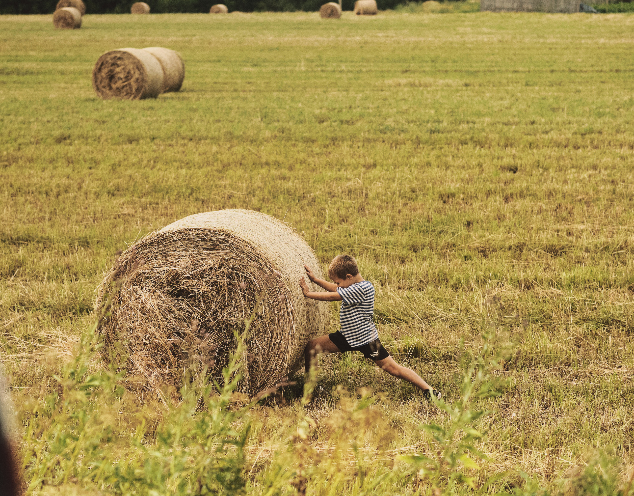 Мальчик пытается сдвинуть стог сена