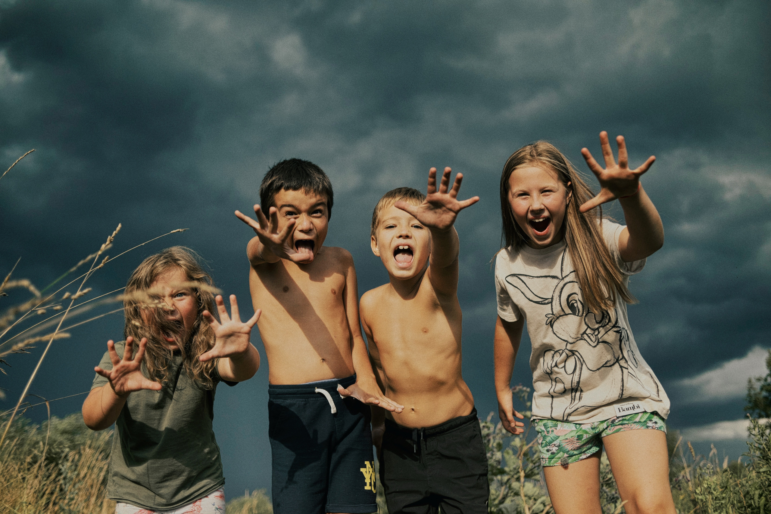 Деревенские дети на фоне грозового неба