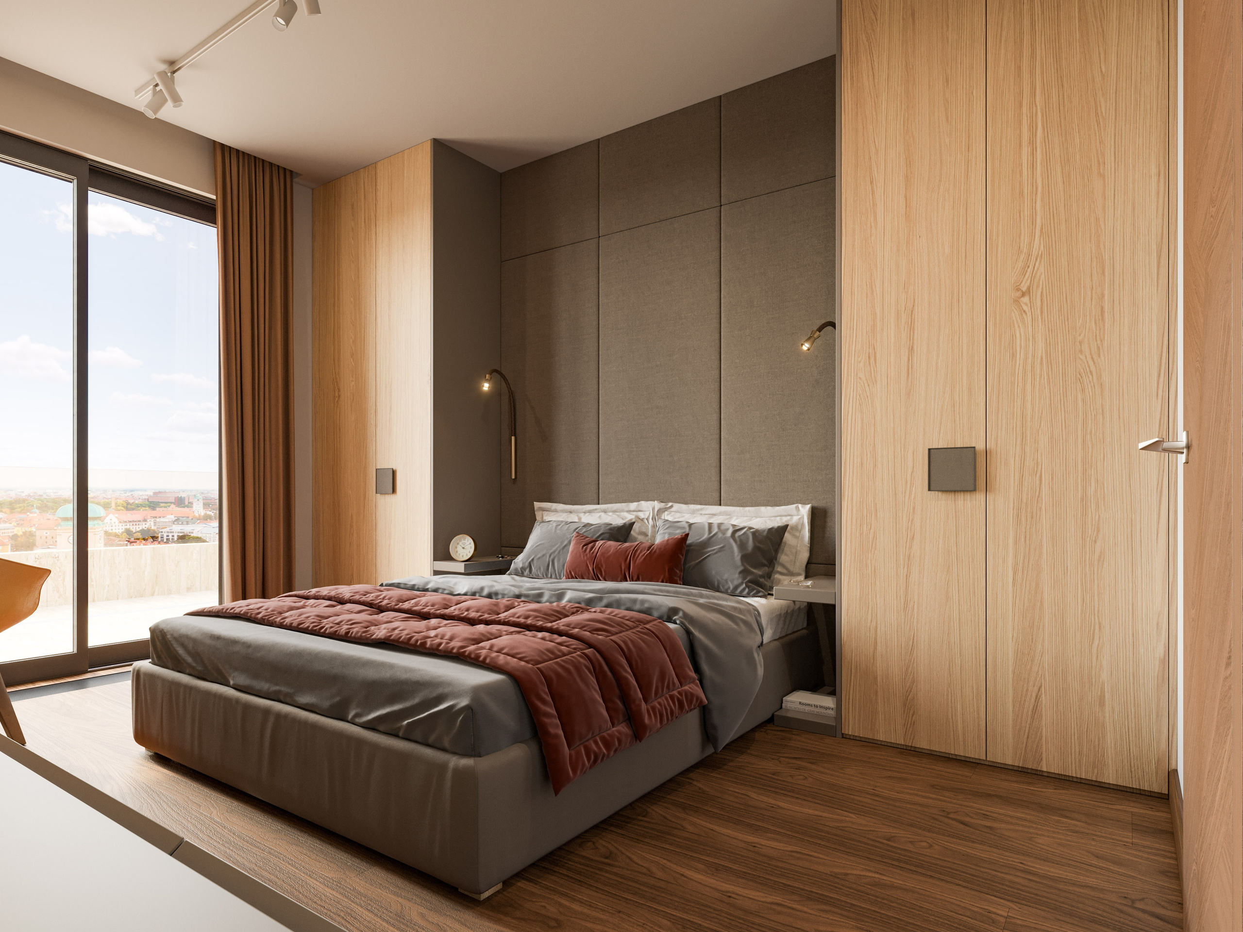 3D визуализация спальни в Белграде с панорамным окном и встроенной системой хранения