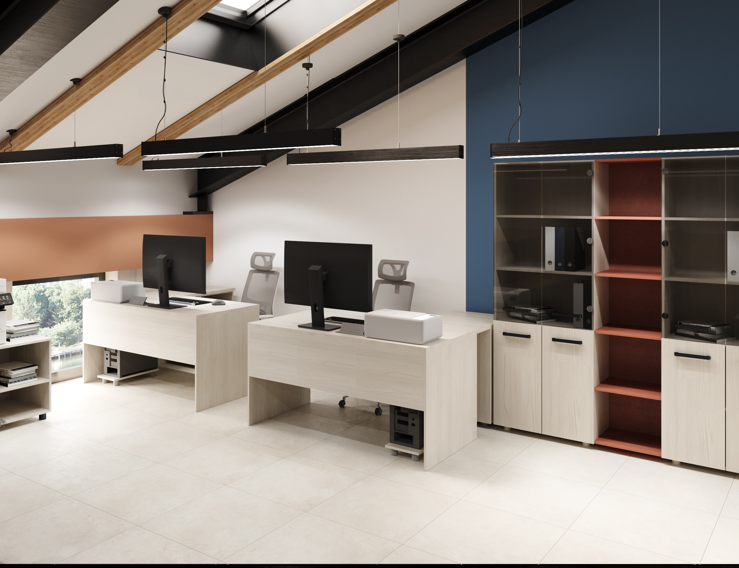 Офисное пространство с рабочими столами, стульями, компьютерами и шкафами для хранения