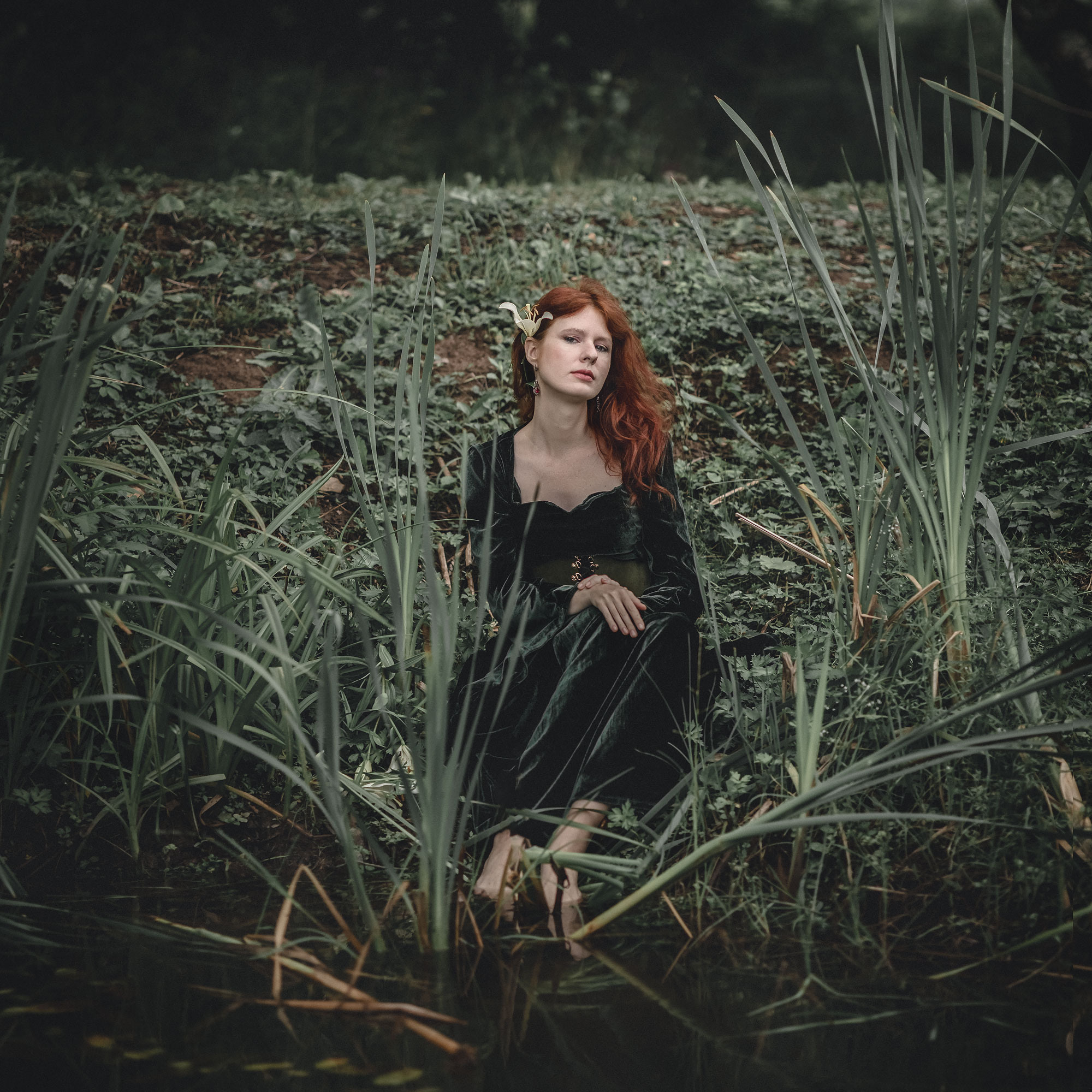 Девушка с белой лилией в каштановых волосах волосами сидит в камышах на берегу пруда с черной водой 