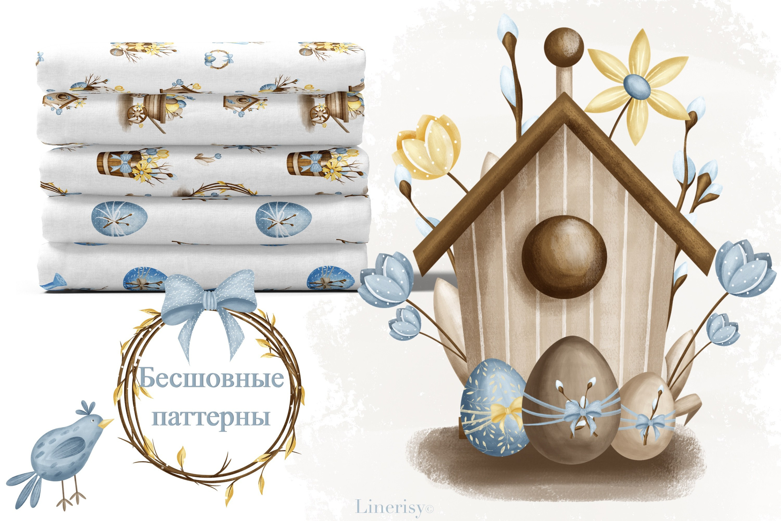 Коллекция «Светлая Пасха» — графические иллюстрации, композиции, постеры, открытки, фреймы и бесшовные паттерны,. Художник-иллюстратор Евгения Бекренёва