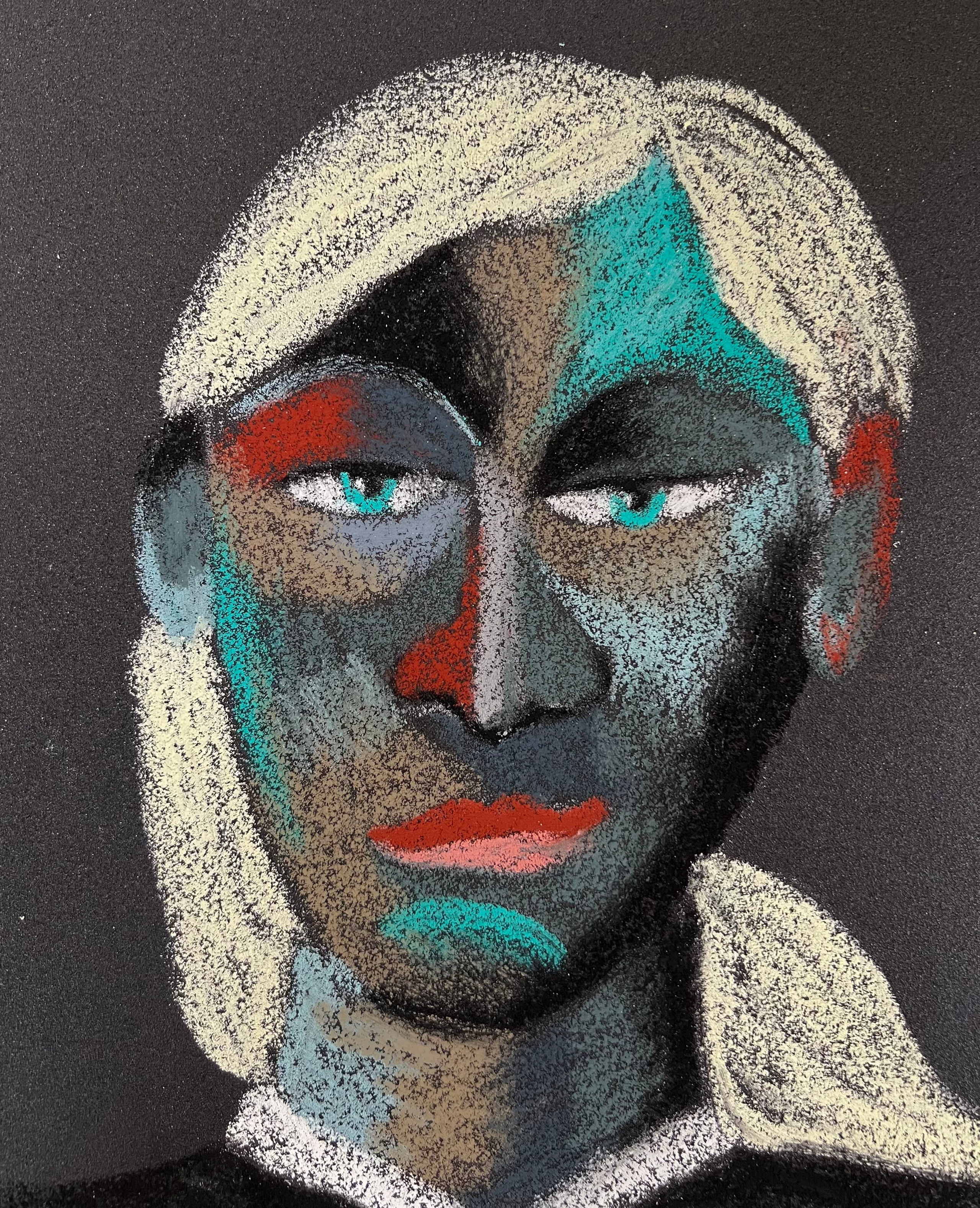 She is kind . Oil pastel, sandpaper. 28 x 23 cm