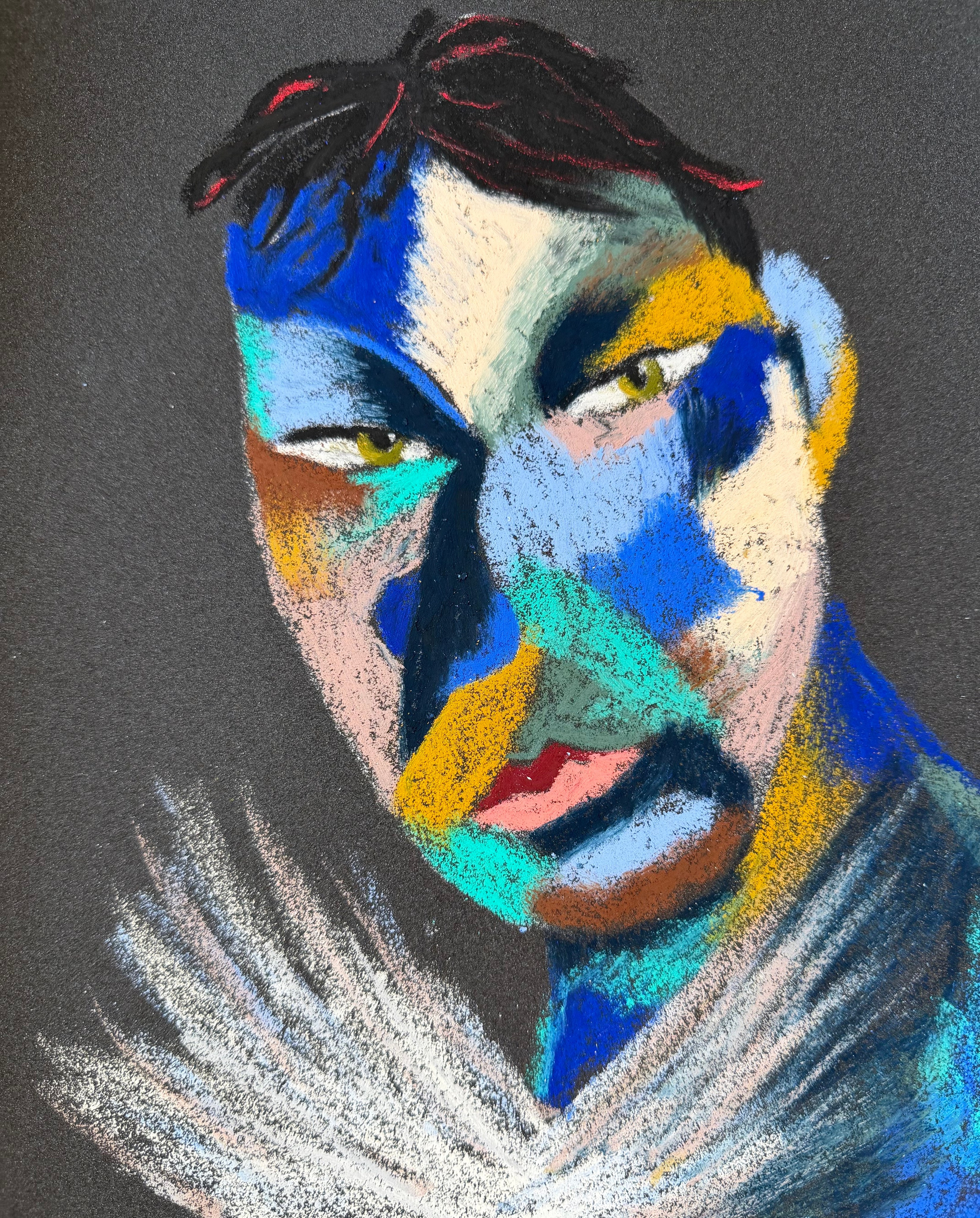 Actor from the burnt  theatre.  Oil pastel, sandpaper.11 x9 in