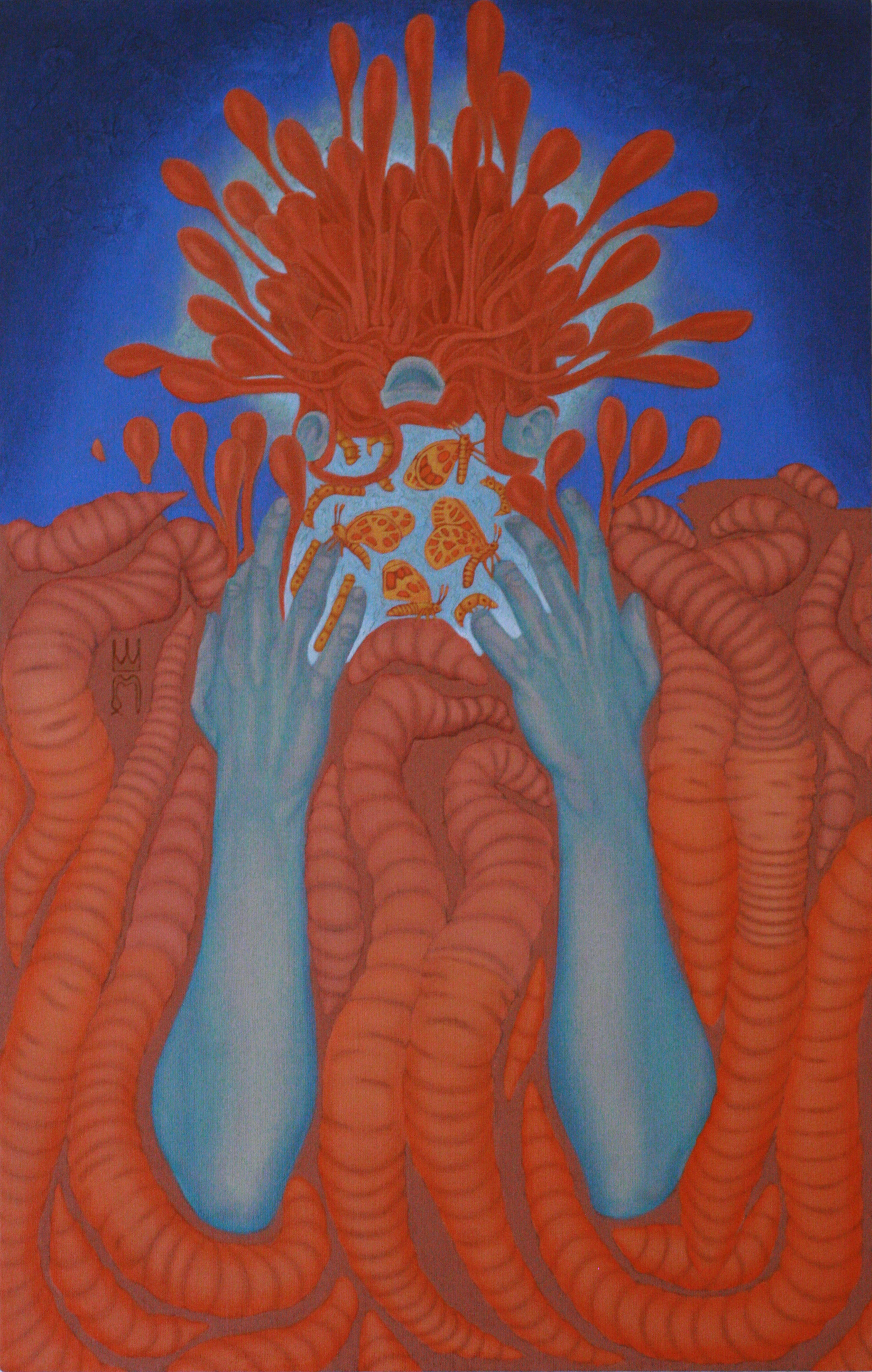 Бирюзовые руки, кольчатые черви или плачущая икона 54х84 Х.М 2020г