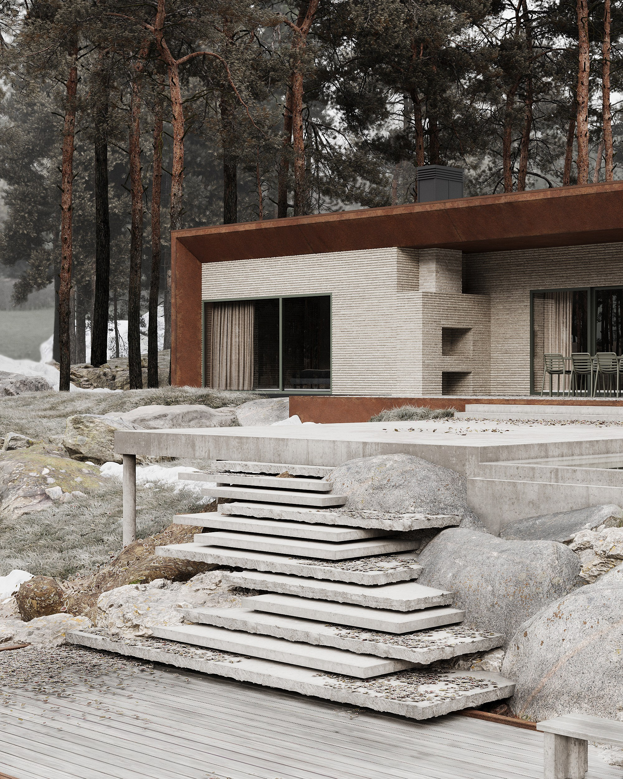 современная архитектура, загородный дом в скандинавском стиле, минимализм, природа, отдых, кортеновская сталь, ригельный кирпич