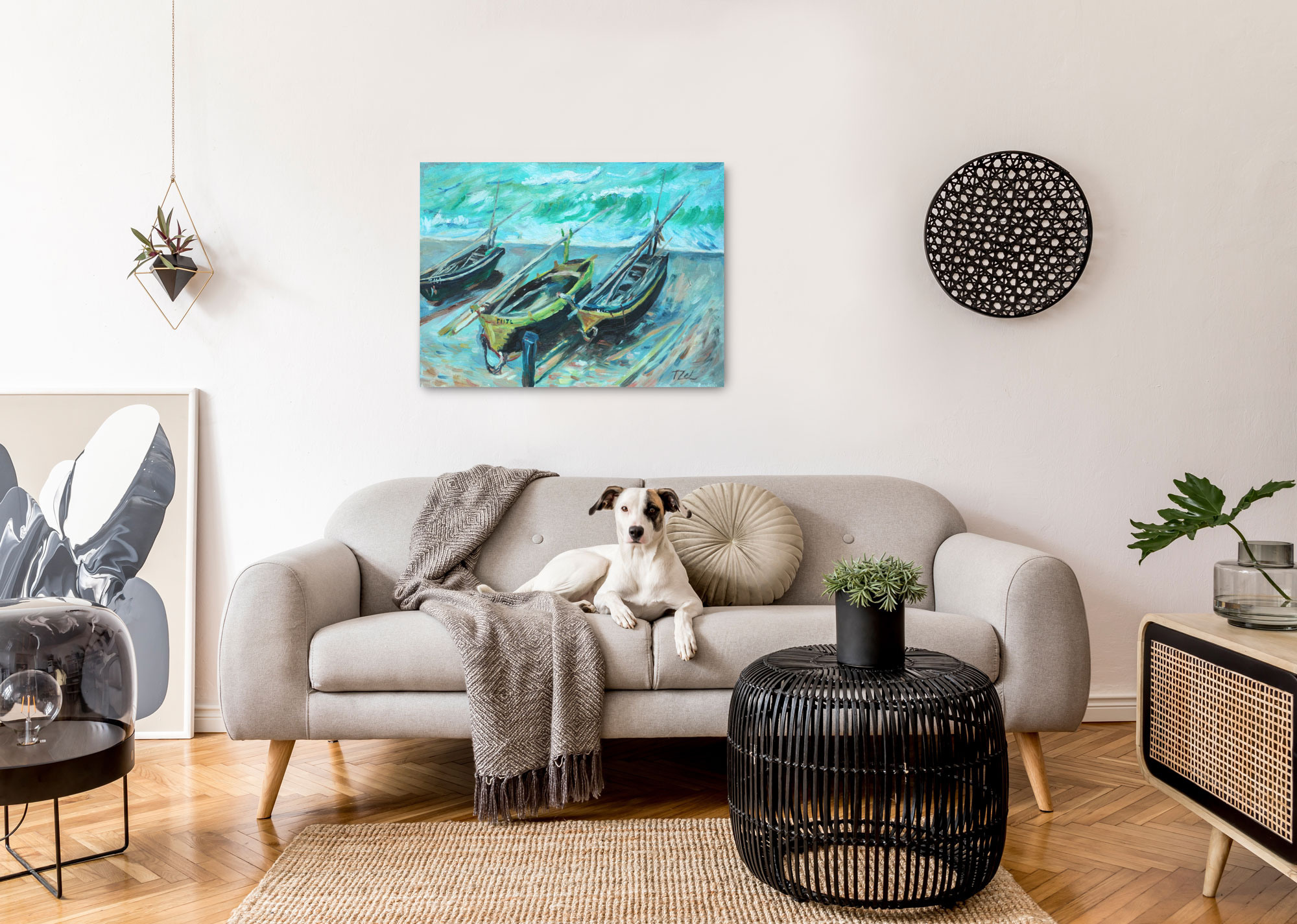 Картина маслом натюрморт в интерьере лодки Моне копия